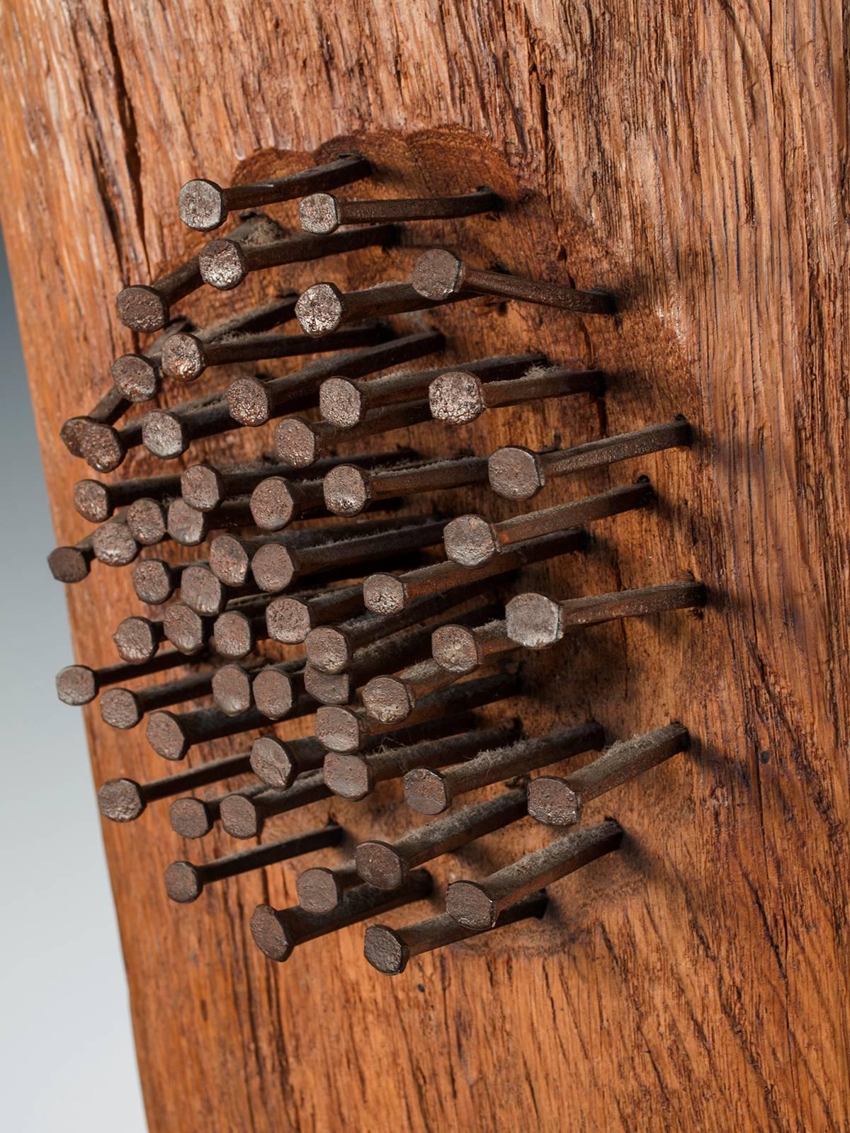 Hand-Carved Midcentury Wood, Stud and Nail Brutalist Sculpture by an Unknown Artist