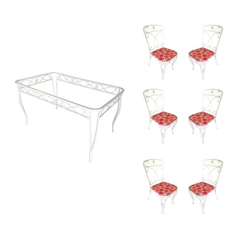 Set da esterno Woodard di metà secolo con piano in vetro e ferro battuto con motivo a volute in vendita