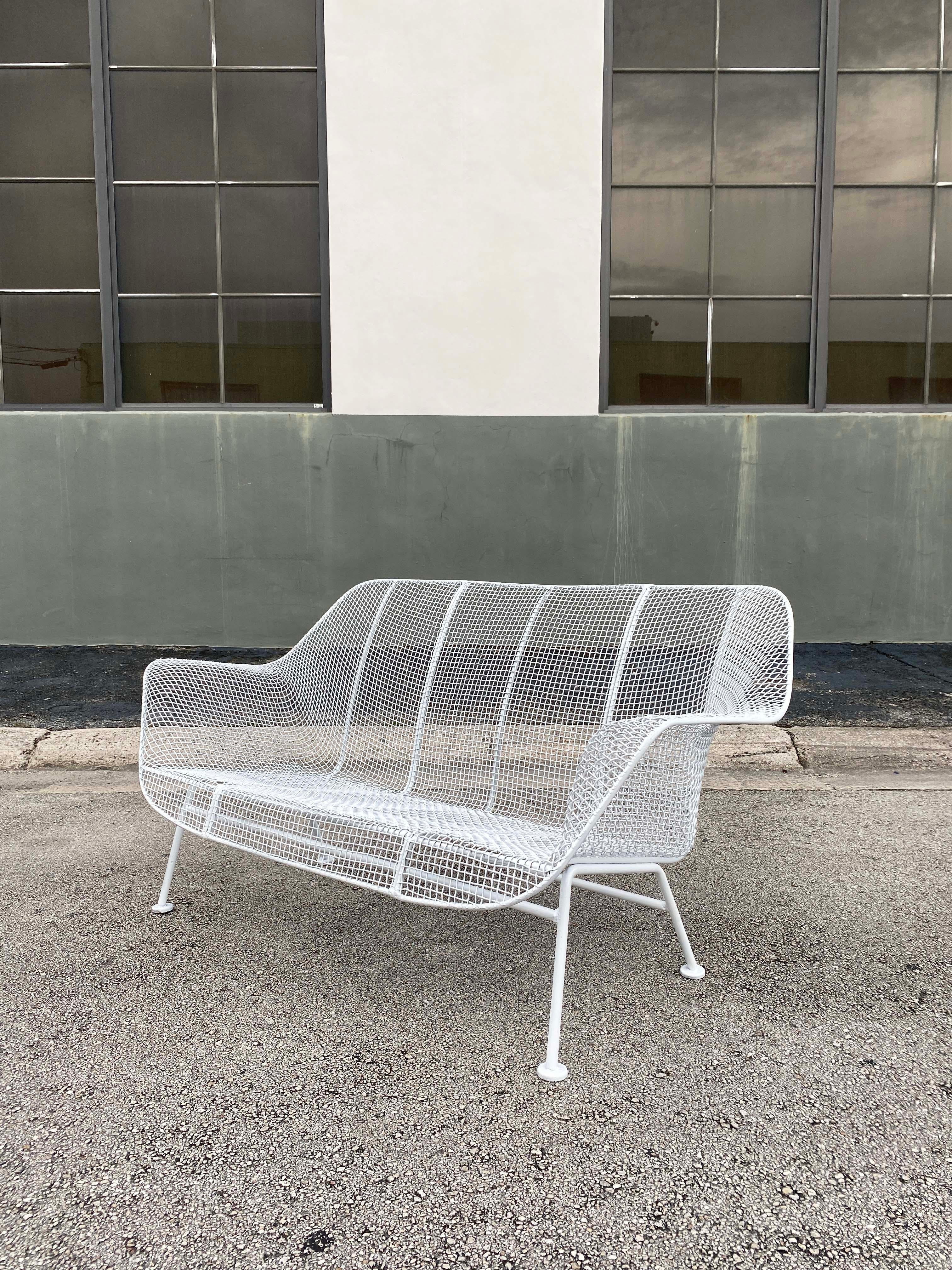 Mid-Century Modern White Wrought Iron and Mesh Steel Settee by Russell Lee Woodard Co. For Sale