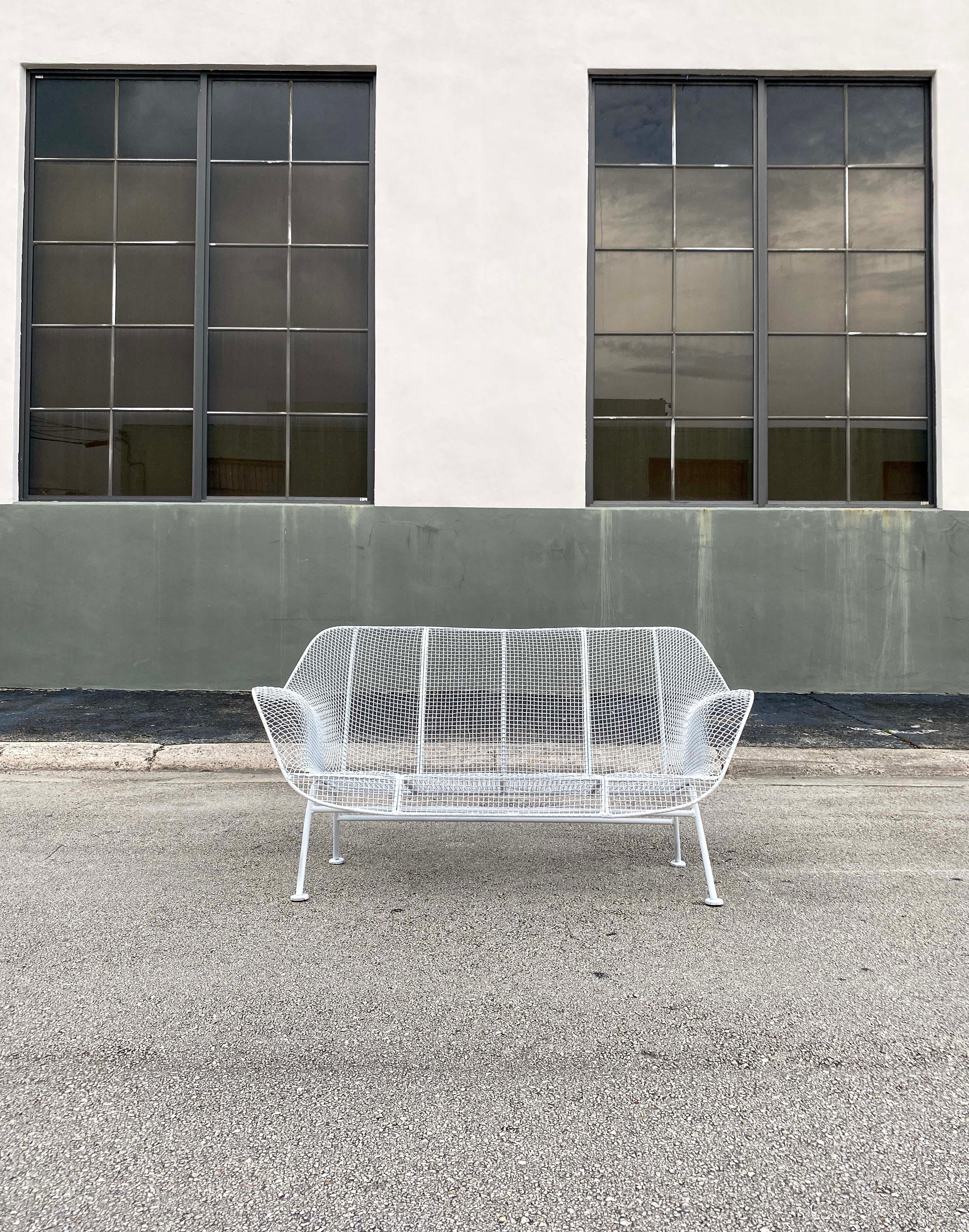 American White Wrought Iron and Mesh Steel Settee by Russell Lee Woodard Co. For Sale
