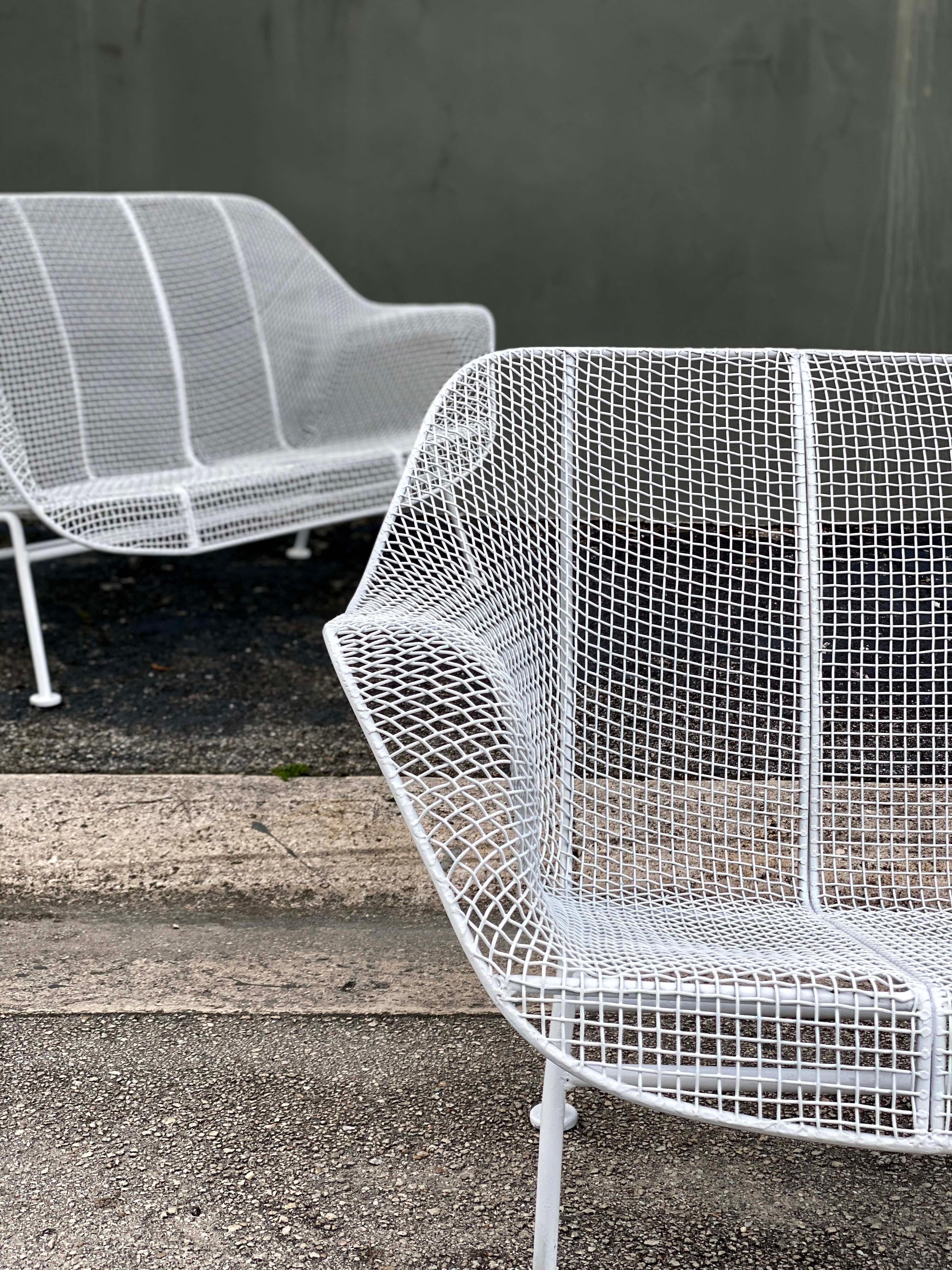 White Wrought Iron and Mesh Steel Settee by Russell Lee Woodard Co. In Good Condition For Sale In Asheville, NC