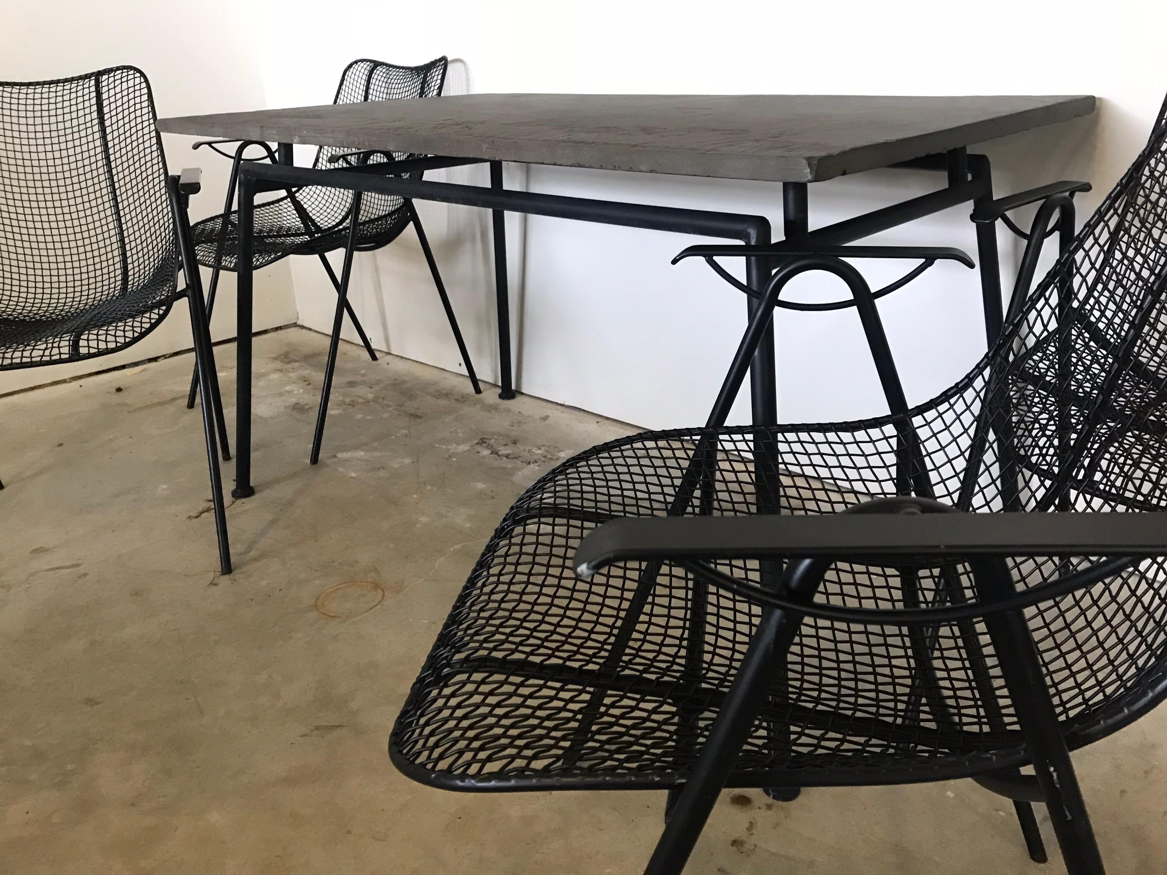 Mid-Century Modern Mid Century Woodard Slate Top Patio Table with Four Wrought Iron Chairs, 1950s