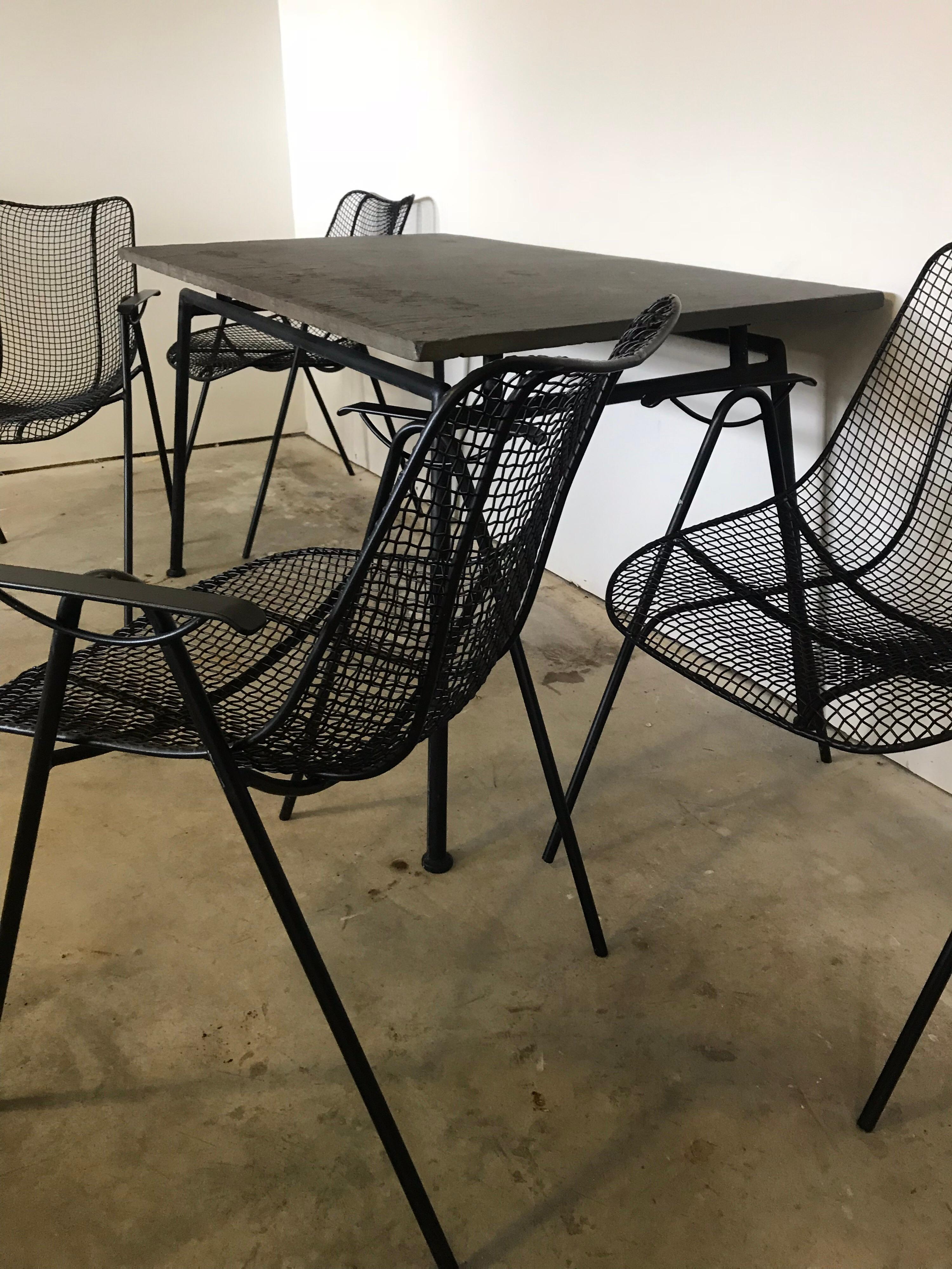 American Mid Century Woodard Slate Top Patio Table with Four Wrought Iron Chairs, 1950s