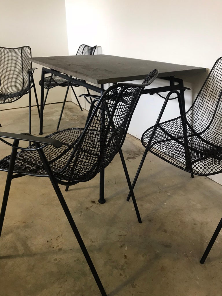 Mid Century Woodard Slate Top Patio Table with Four Wrought Iron Chairs, 1950s For Sale at