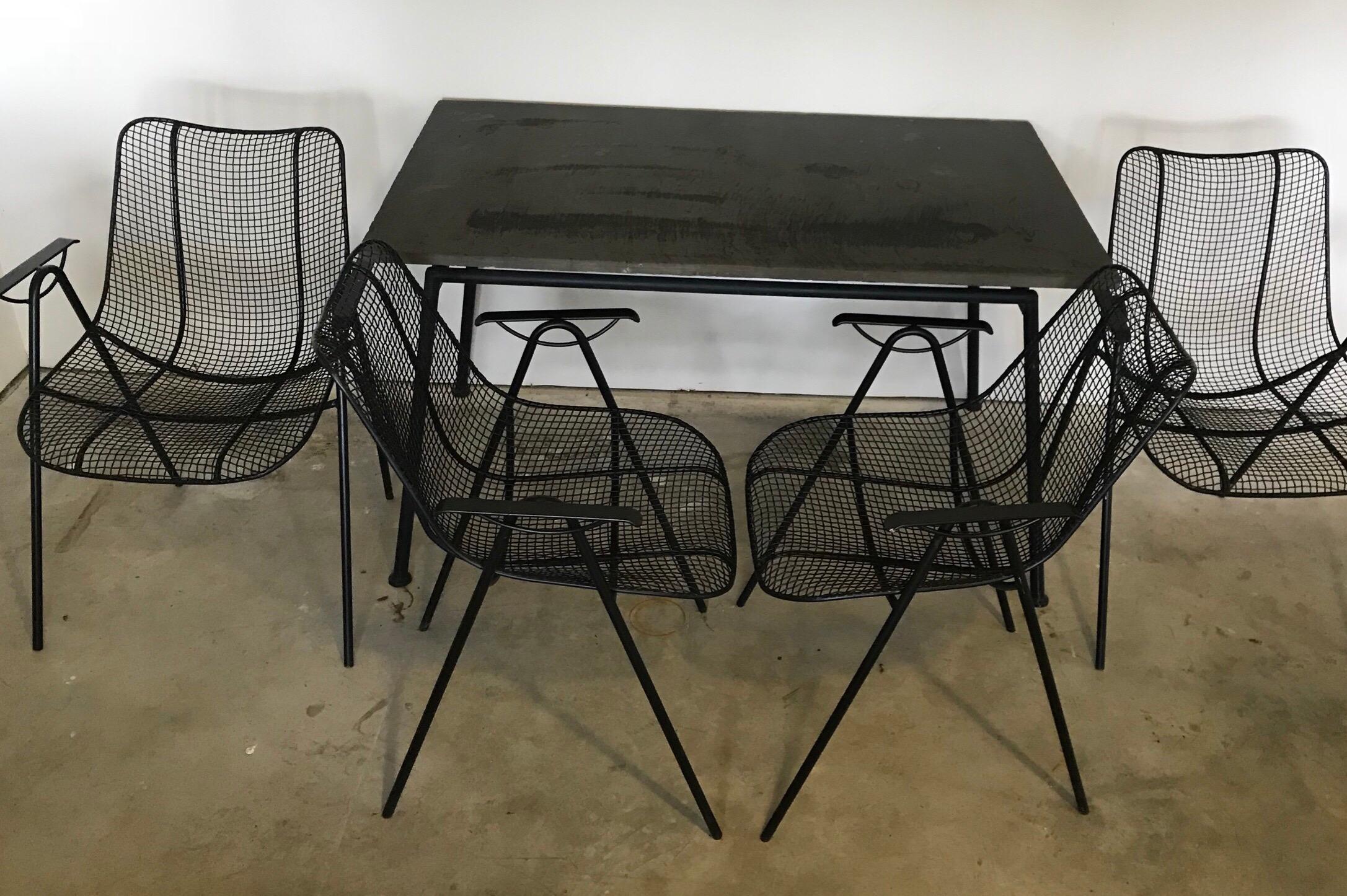 Mid-20th Century Mid Century Woodard Slate Top Patio Table with Four Wrought Iron Chairs, 1950s