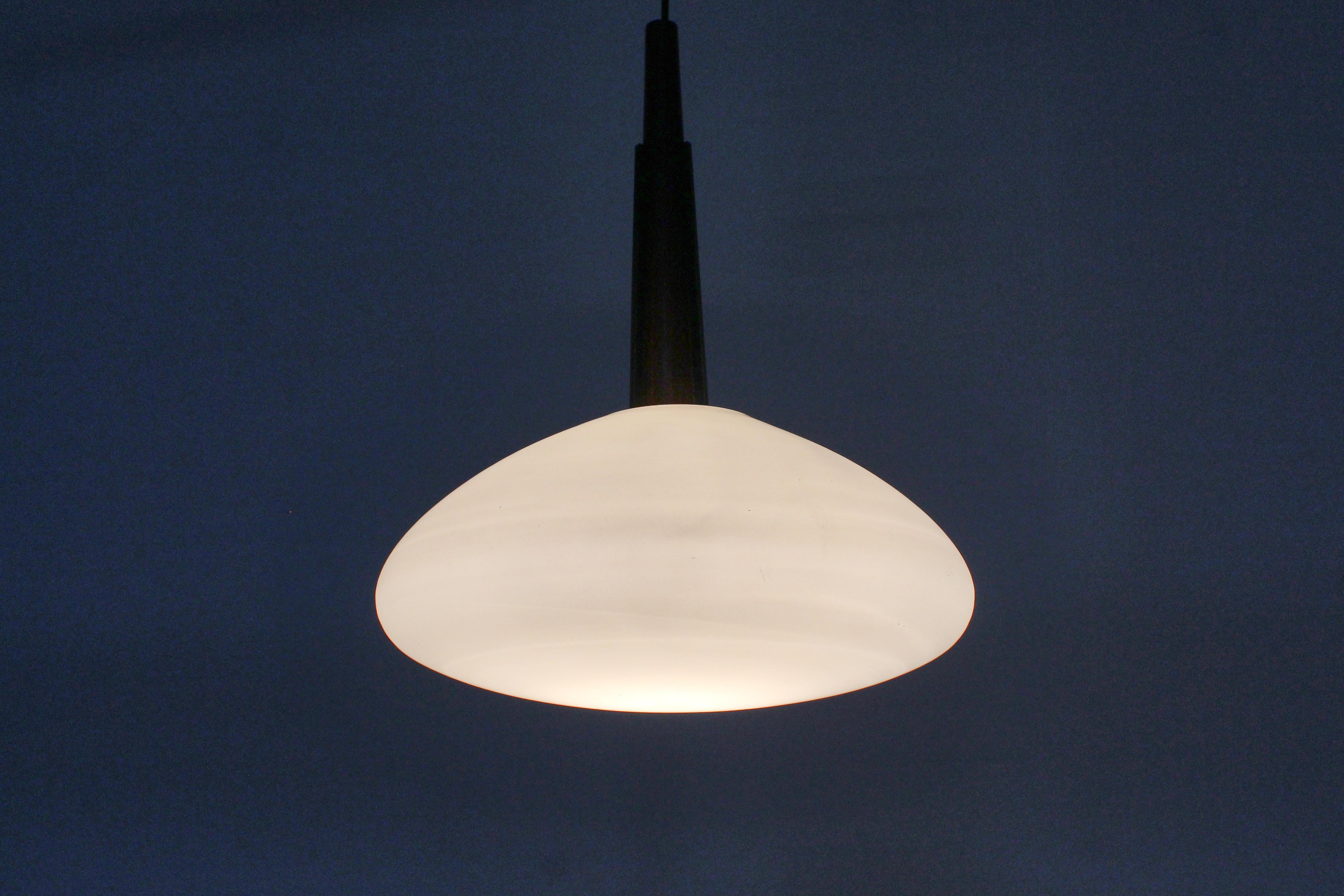 Mid-Century Wooden and Frosted Glass Suspension Lamp, 60s Italy in vendita 3