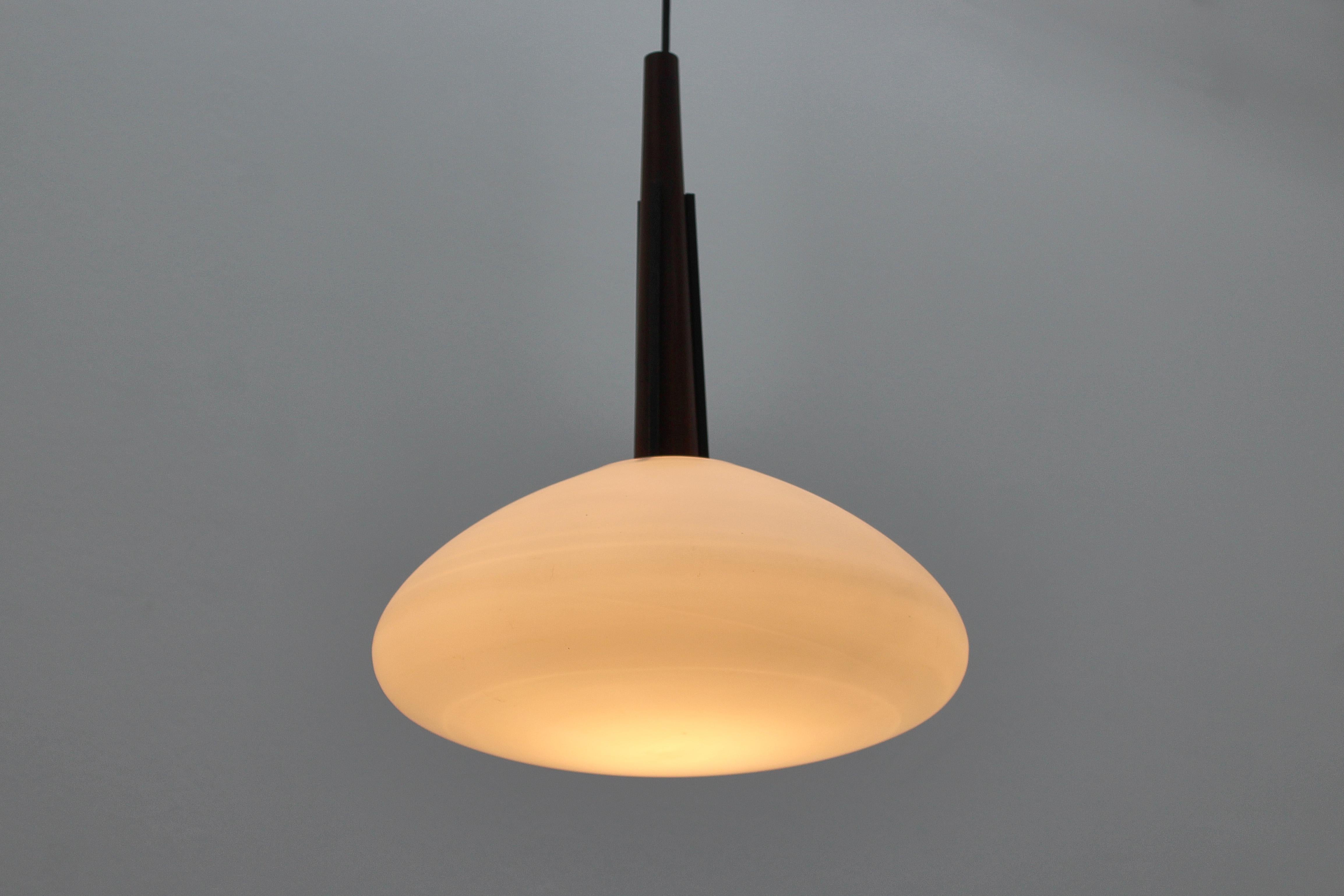 Vetro Mid-Century Wooden and Frosted Glass Suspension Lamp, 60s Italy in vendita