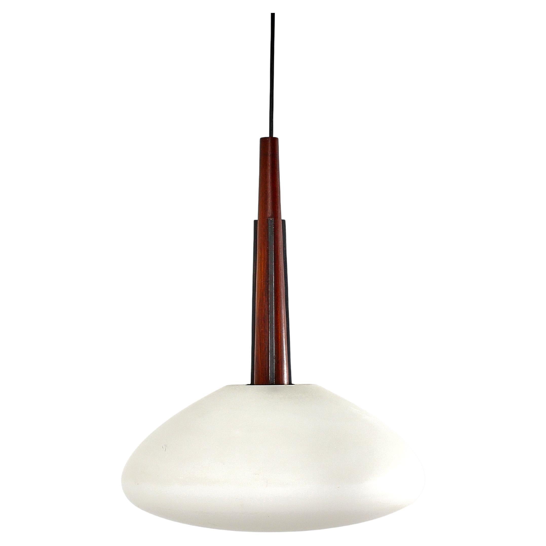 Mid-Century Wooden and Frosted Glass Suspension Lamp, 60s Italy in vendita