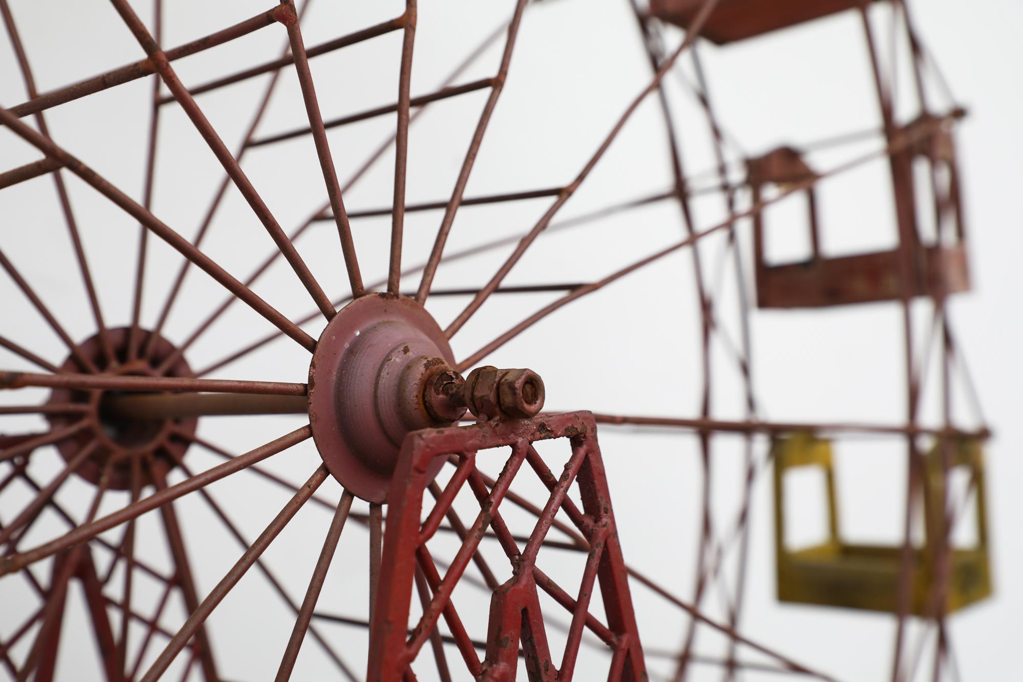 Mid-Century Wooden & Metal Kinetic Ferris Wheel w/ Red, Blue & Yellow Cabins For Sale 2