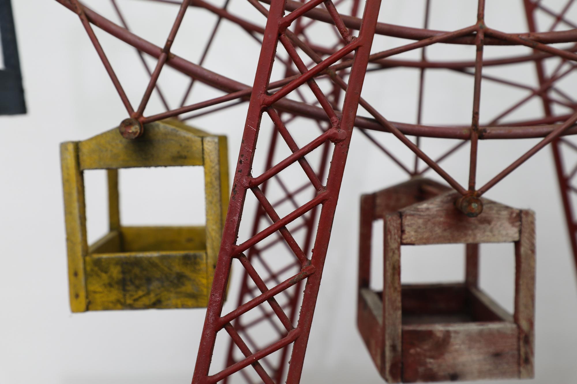 Mid-Century Wooden & Metal Kinetic Ferris Wheel w/ Red, Blue & Yellow Cabins For Sale 4
