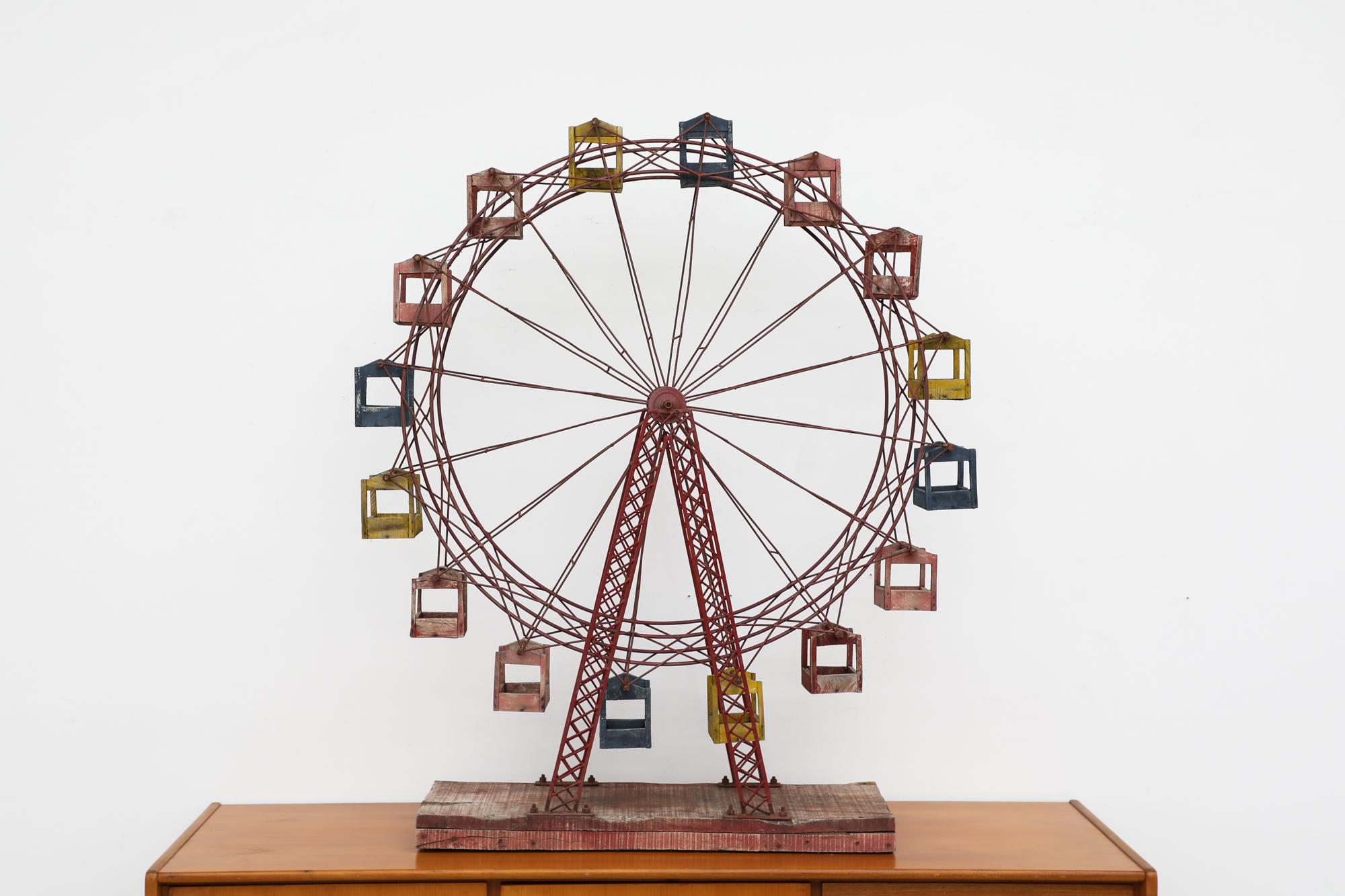 Mid-Century Wooden & Metal Kinetic Ferris Wheel w/ Red, Blue & Yellow Cabins For Sale 5