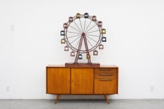 Mid-Century Wooden & Metal Kinetic Ferris Wheel with Red, Blue & Yellow Cabins