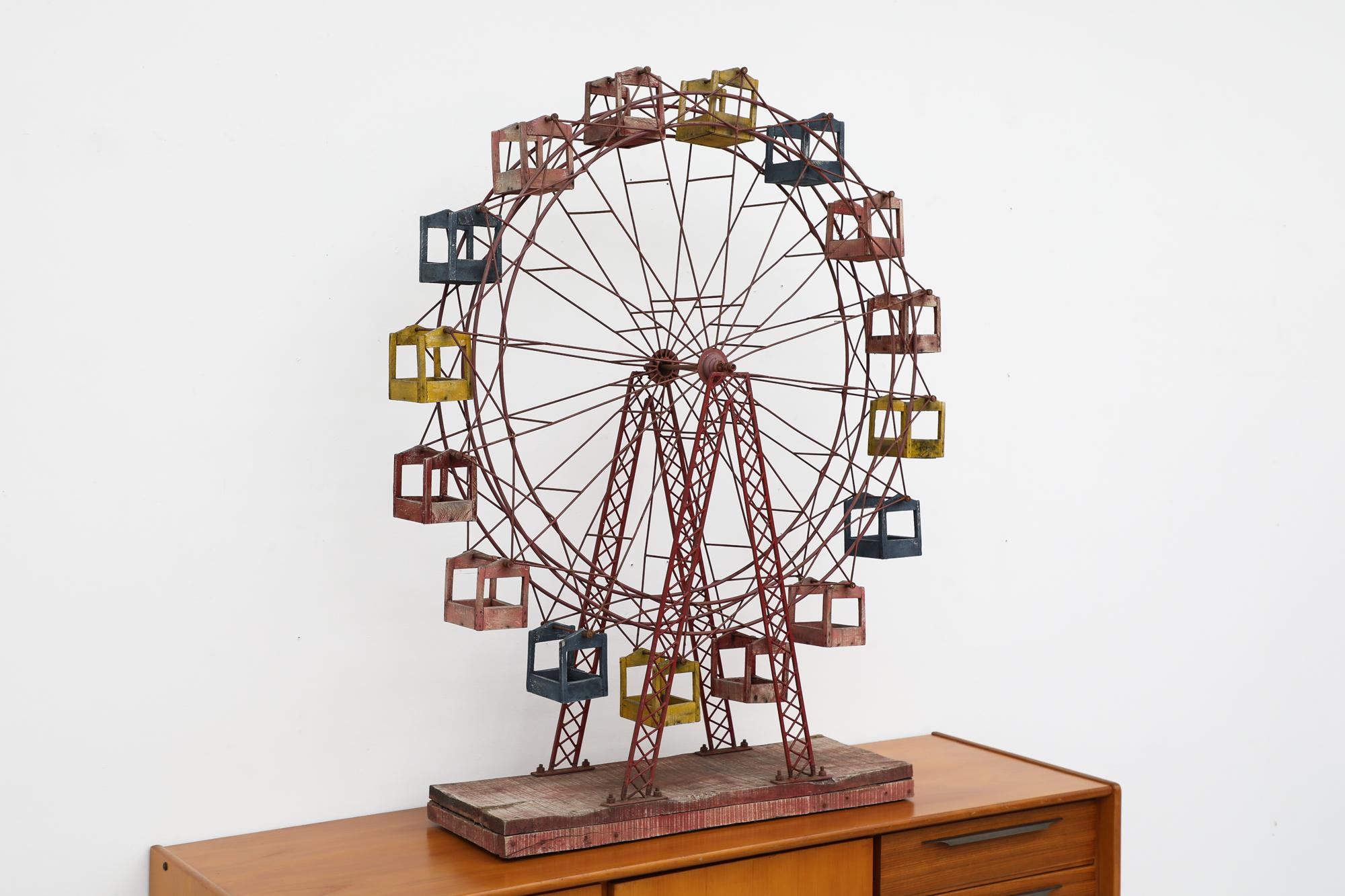 American Mid-Century Wooden & Metal Kinetic Ferris Wheel w/ Red, Blue & Yellow Cabins For Sale