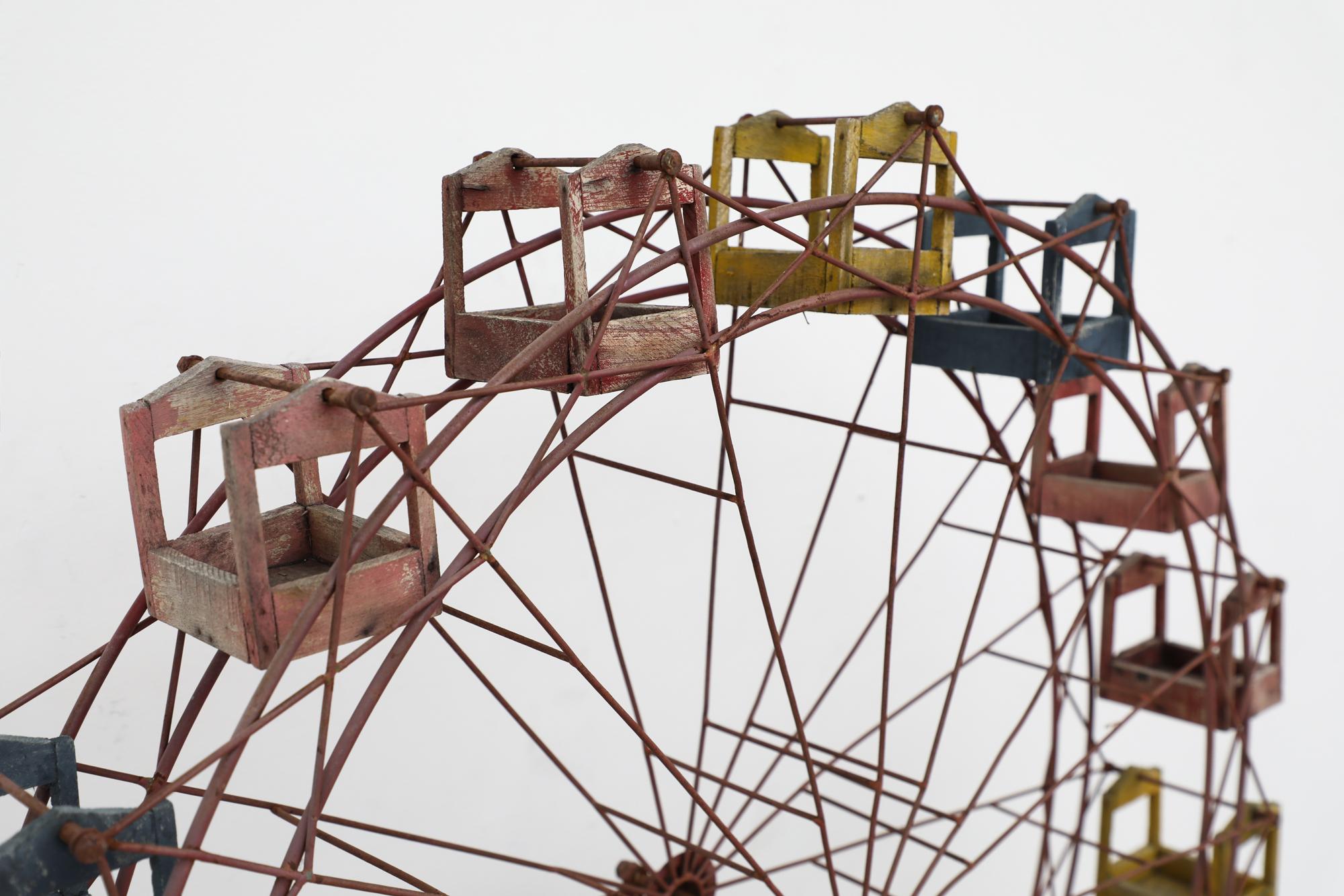 Mid-Century Wooden & Metal Kinetic Ferris Wheel w/ Red, Blue & Yellow Cabins In Good Condition For Sale In Los Angeles, CA