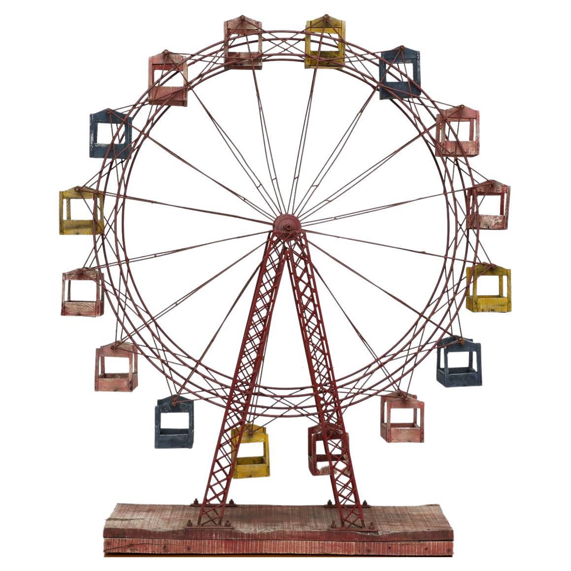 Mid-Century Wooden & Metal Kinetic Ferris Wheel w/ Red, Blue & Yellow Cabins