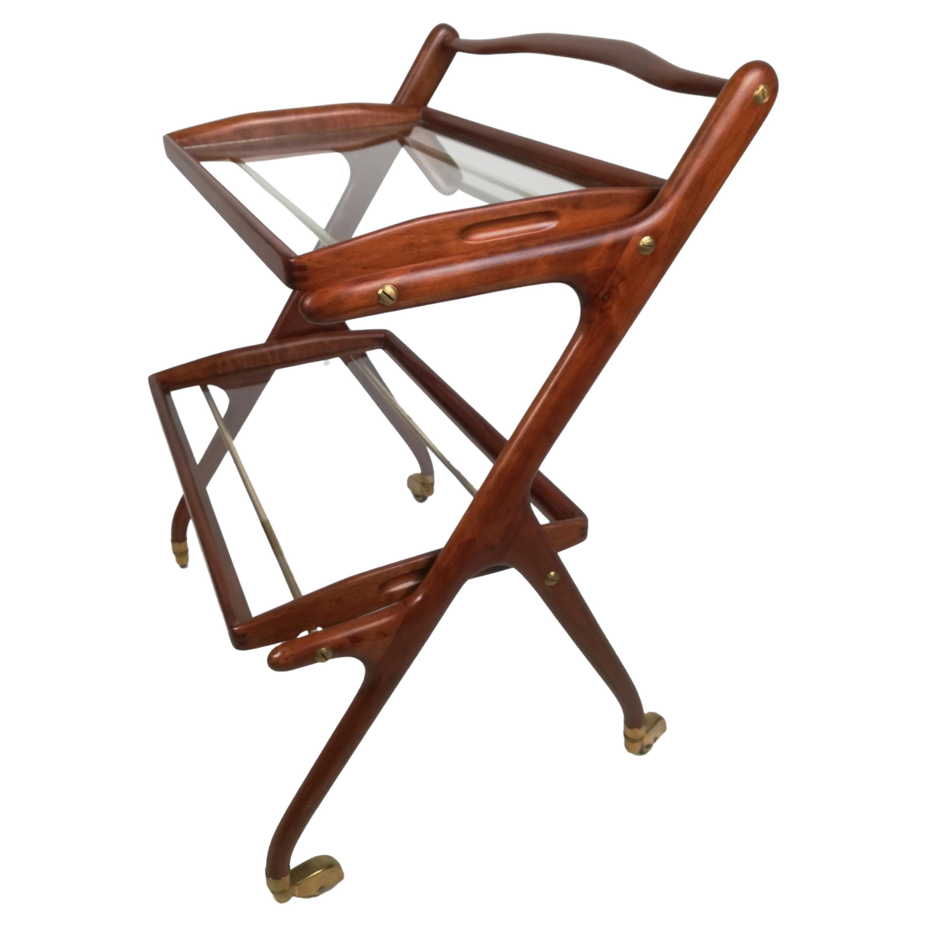 Chariot de bar en bois avec plateaux amovibles par Cesare Lacca, Italie, 1950