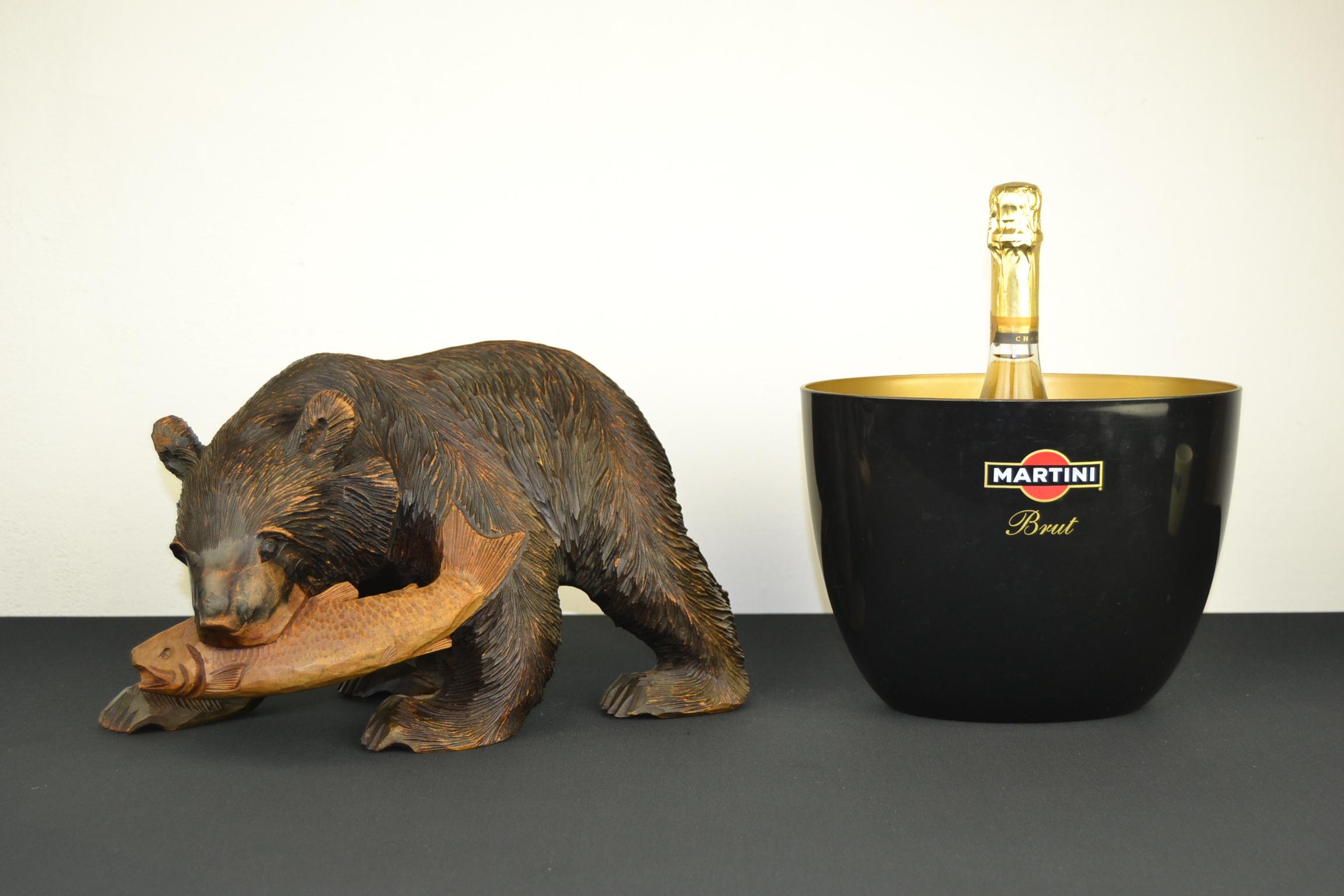 Mid-Century Wooden Bear with Fish Sculpture 1