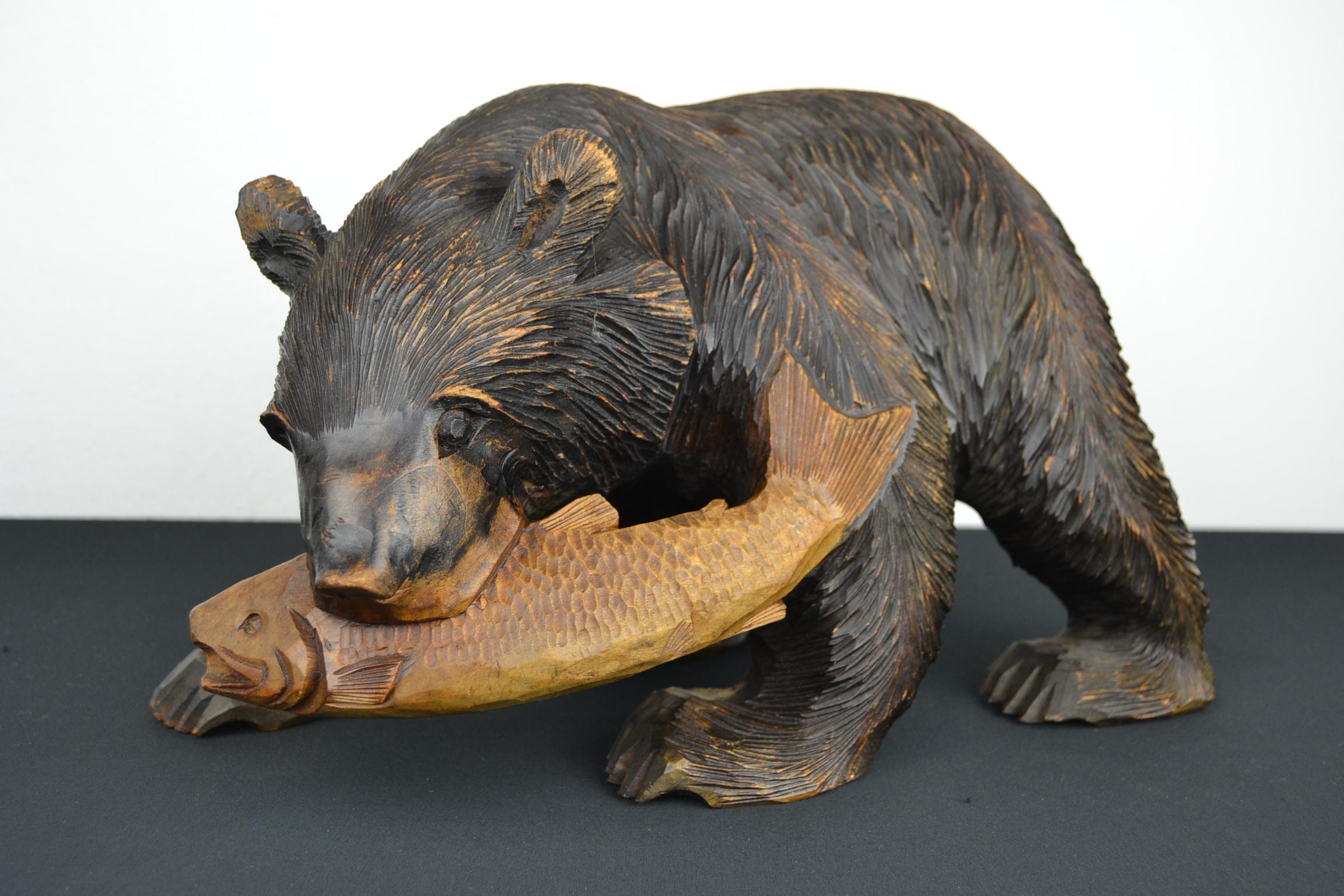 Mid-Century Wooden Bear with Fish Sculpture 4