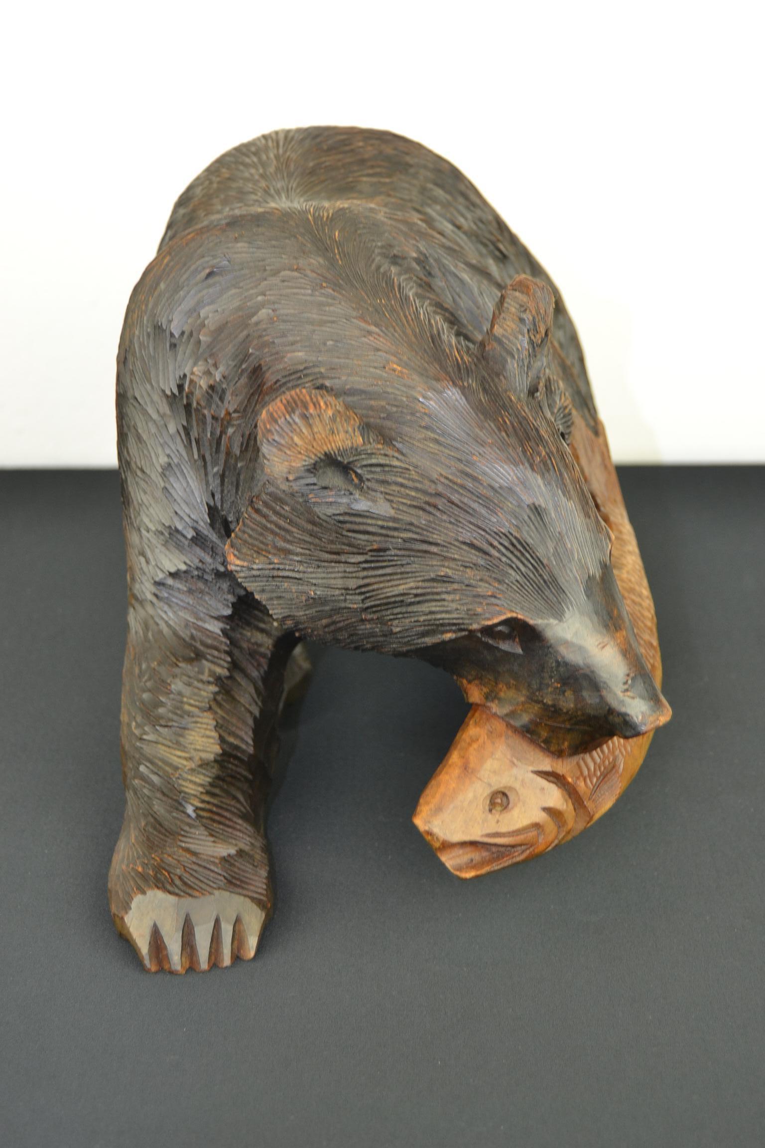 Black Forest Mid-Century Wooden Bear with Fish Sculpture