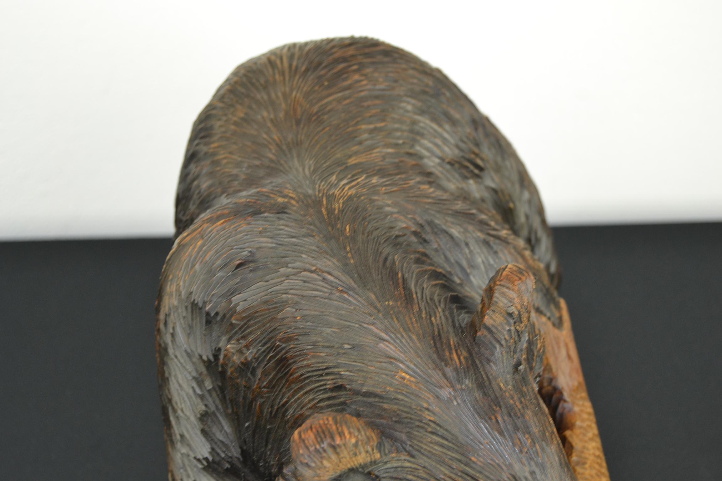 Unknown Mid-Century Wooden Bear with Fish Sculpture