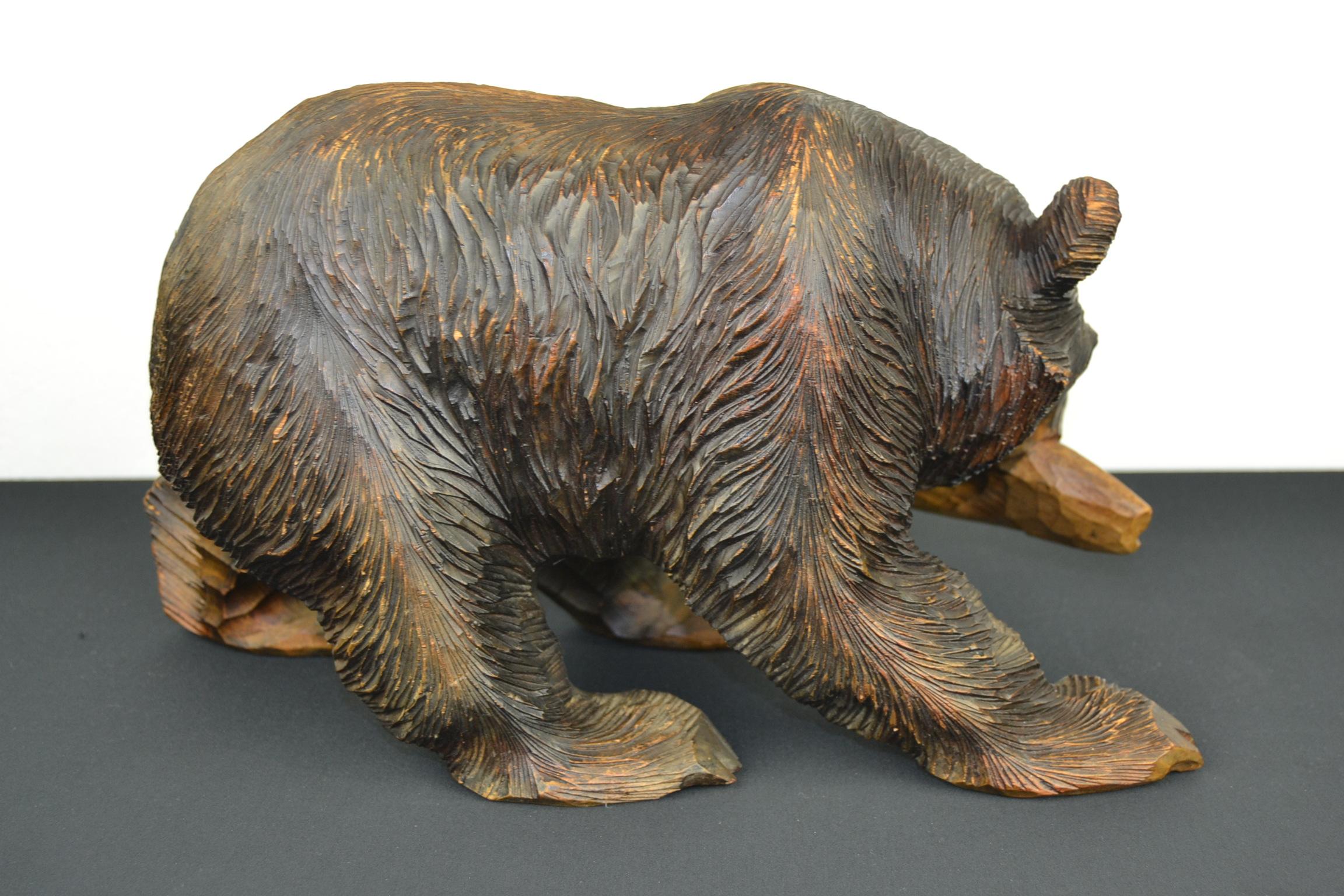 Hand-Carved Mid-Century Wooden Bear with Fish Sculpture