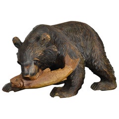 Vintage Mid-Century Wooden Bear with Fish Sculpture