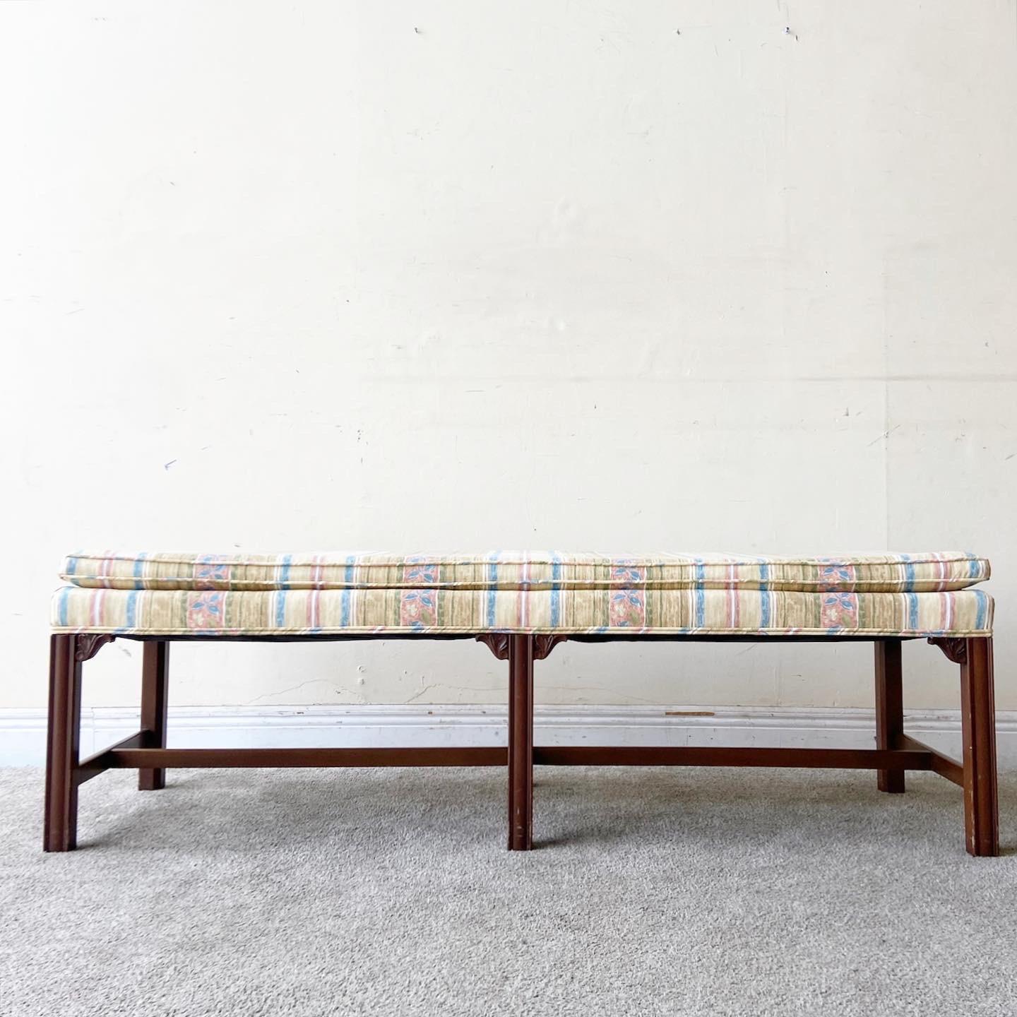 Mid-Century Modern Mid Century Wooden Bench with Floral Fabric