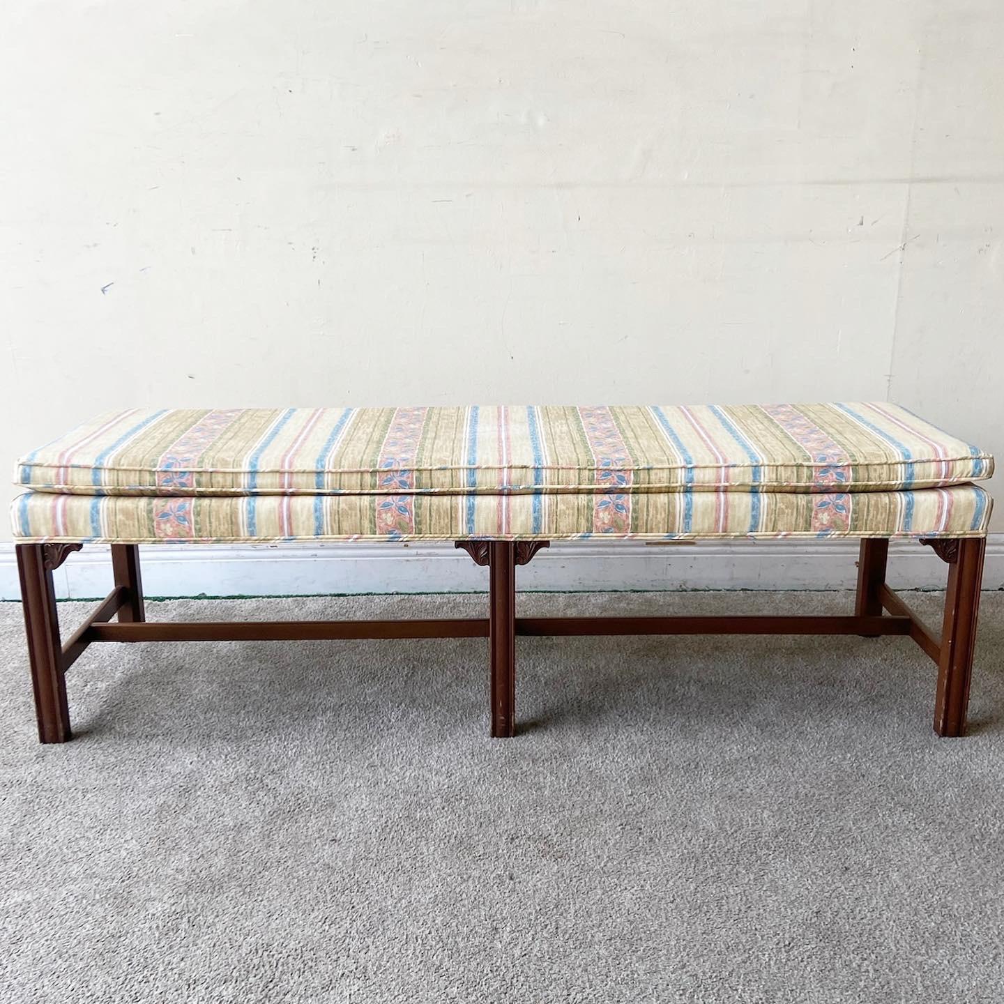 American Mid Century Wooden Bench with Floral Fabric