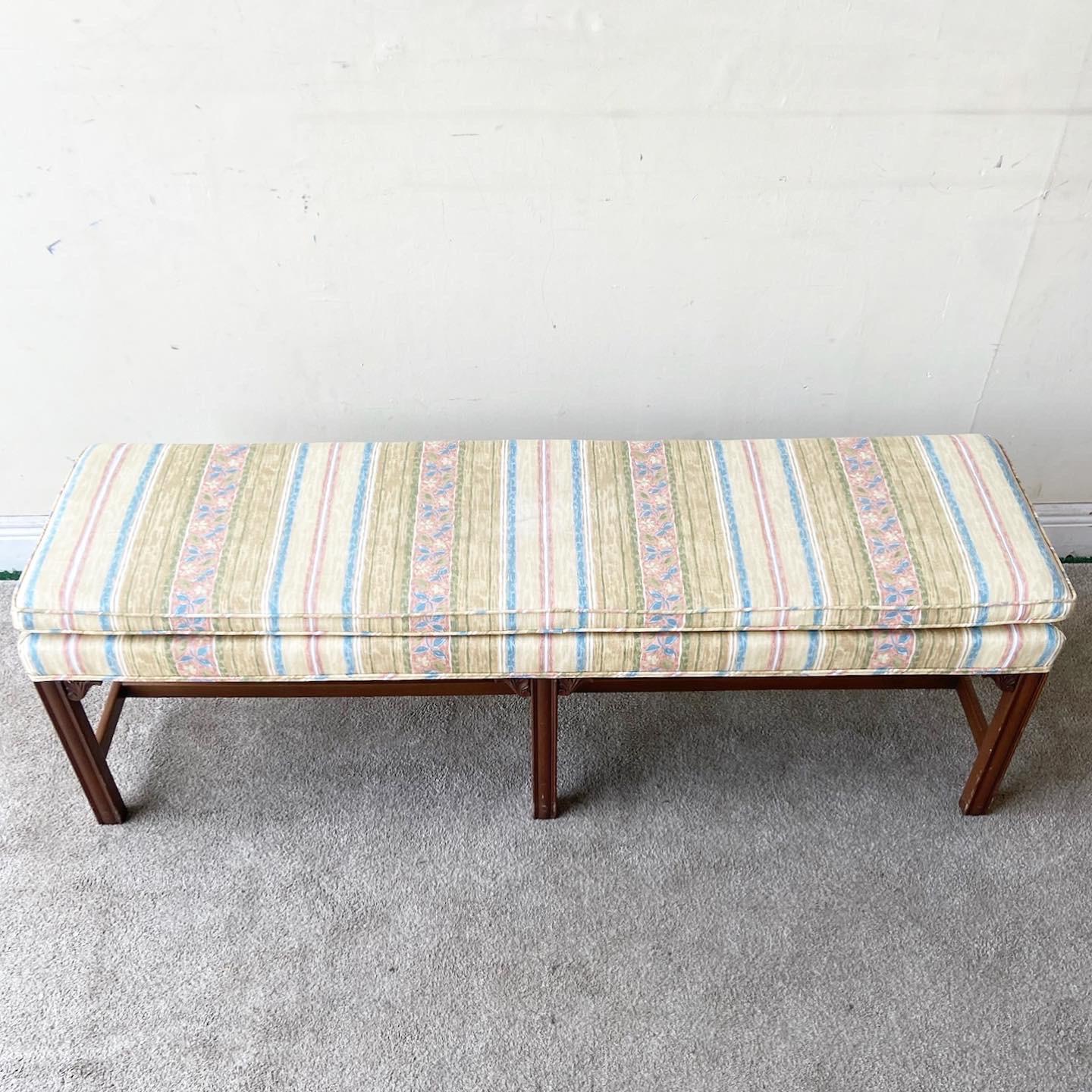 Mid Century Wooden Bench with Floral Fabric In Good Condition In Delray Beach, FL