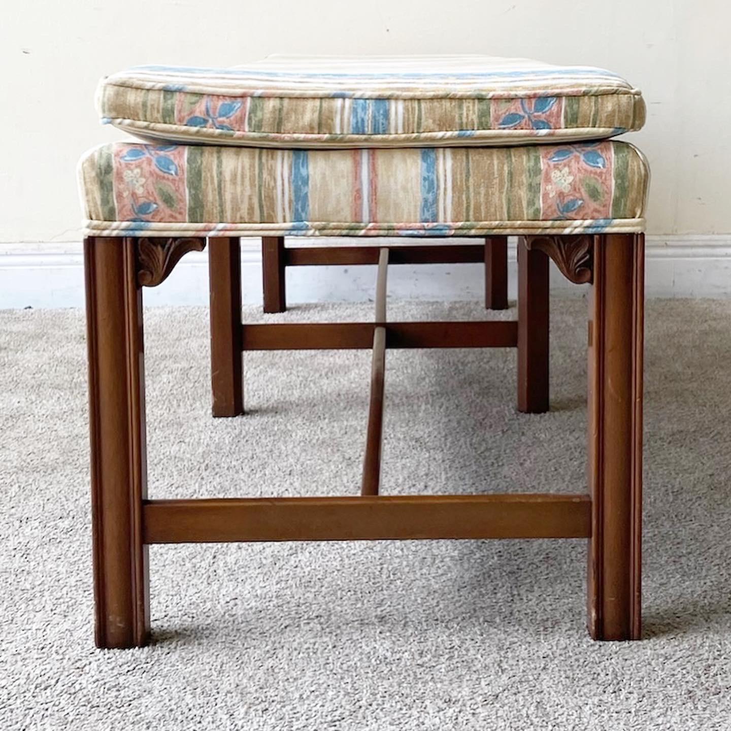 Late 20th Century Mid Century Wooden Bench with Floral Fabric
