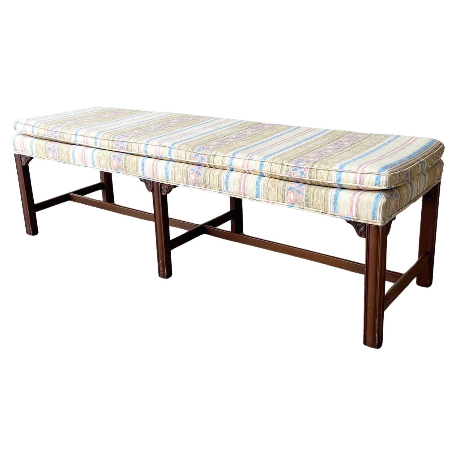 Mid Century Wooden Bench with Floral Fabric