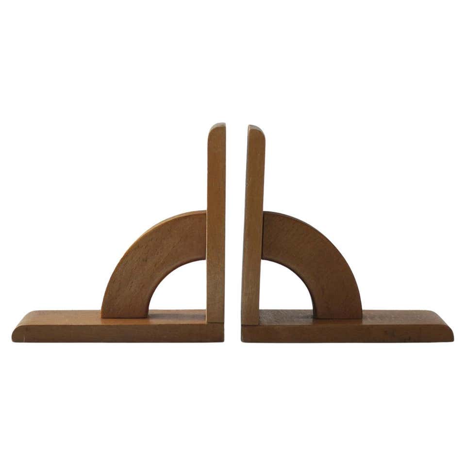 Bookend Examples Arrow Brass and Wood Bookends with Hand Stiched Leather, France 1960's ...