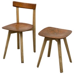 Vintage Midcentury Wooden Chair and Stool with Crossed Base by Niko Kralj, 1950s