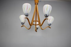 Mid-Century Wooden Chandelier with Glass Shades, Czechoslovakia, 1970s