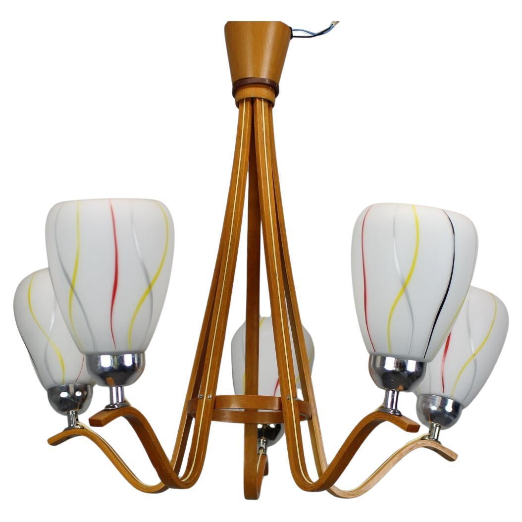 Mid-Century Wooden Chandelier with Glass Shades, Czechoslovakia, 1970s en vente