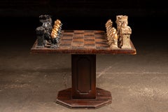 Mid-Century Wooden Chess Table with Wooden Chess Pieces