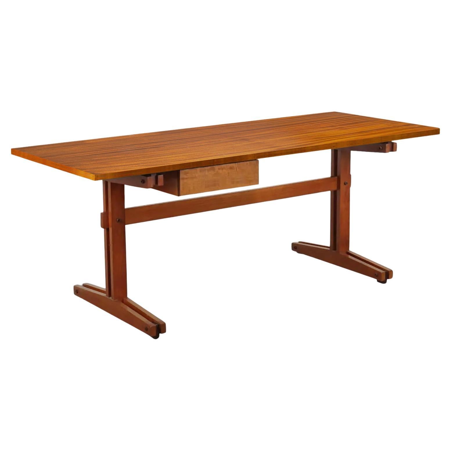 Mid-Century Wooden Desk With One Drawer, Wood veneer, Handcrafted, Italy, 1960