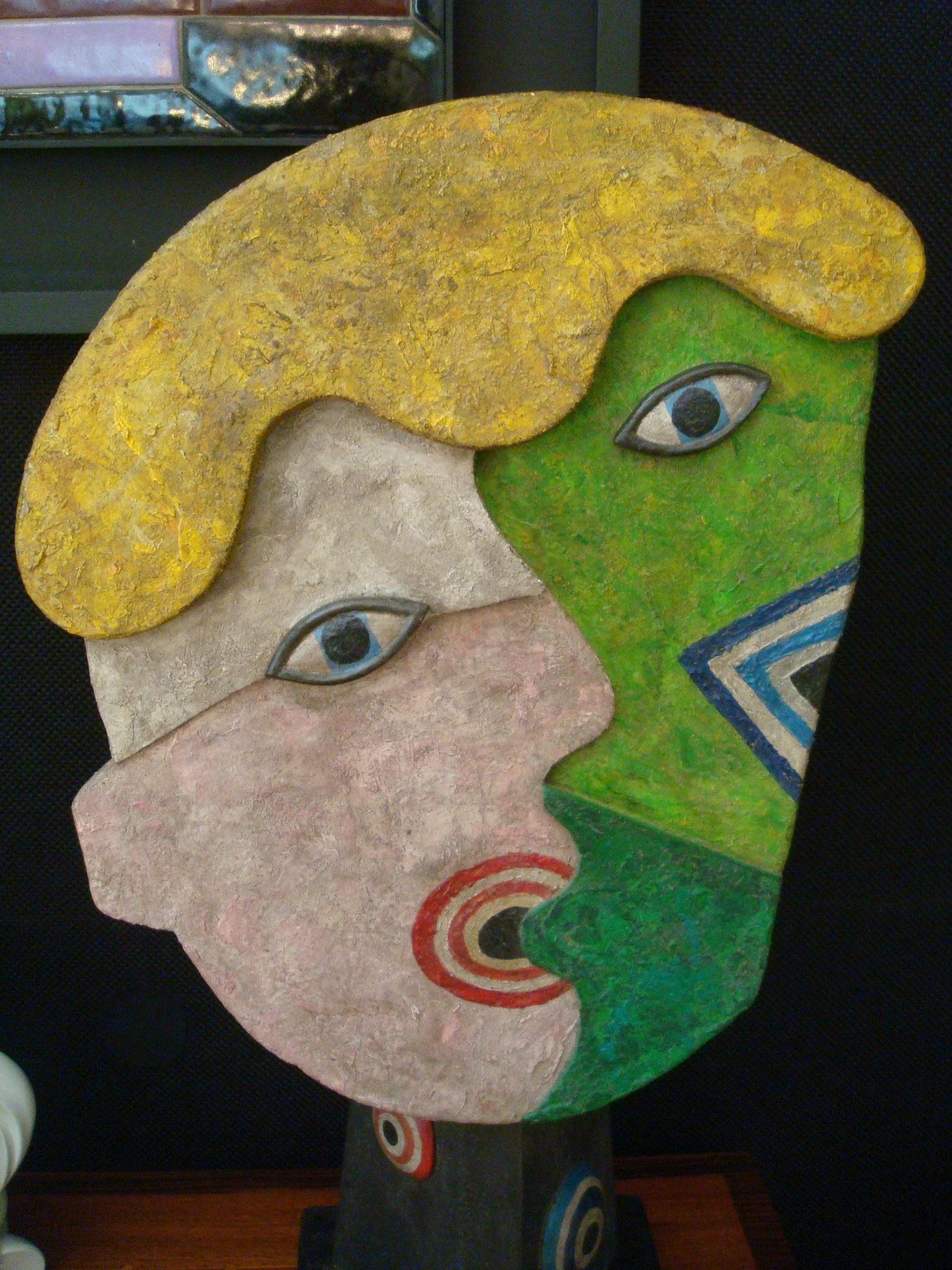 Hand-Painted Mid-Century Wooden Face Sculpture of Two People Talking For Sale