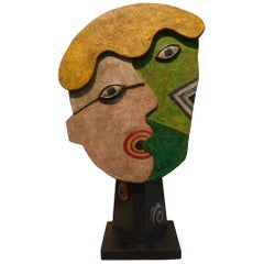 Mid-Century Wooden Face Sculpture of Two People Talking