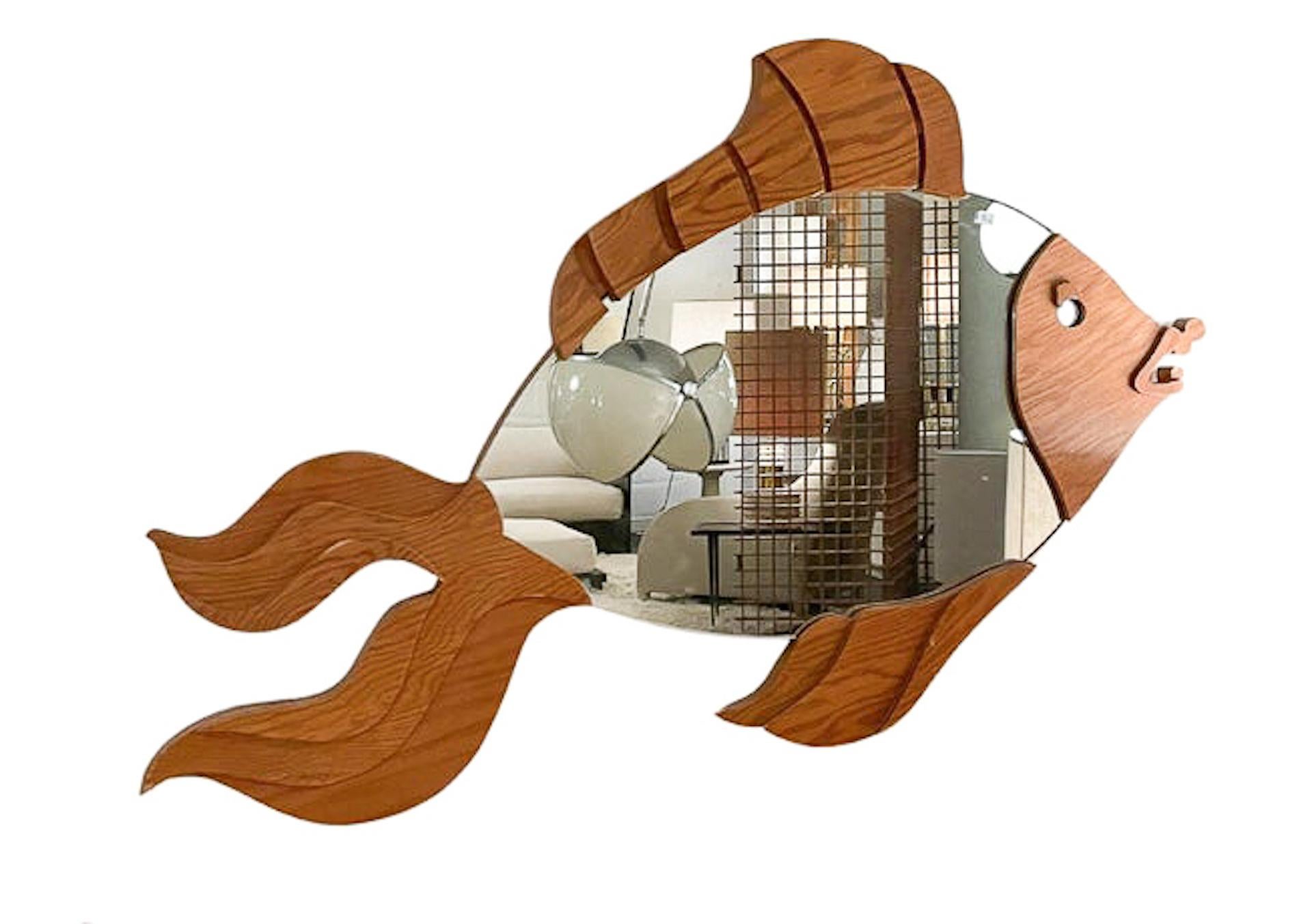 Mid-Century Modern Mid-Century Wooden Fish Mirror by Pallucco, Italy, 1970s For Sale