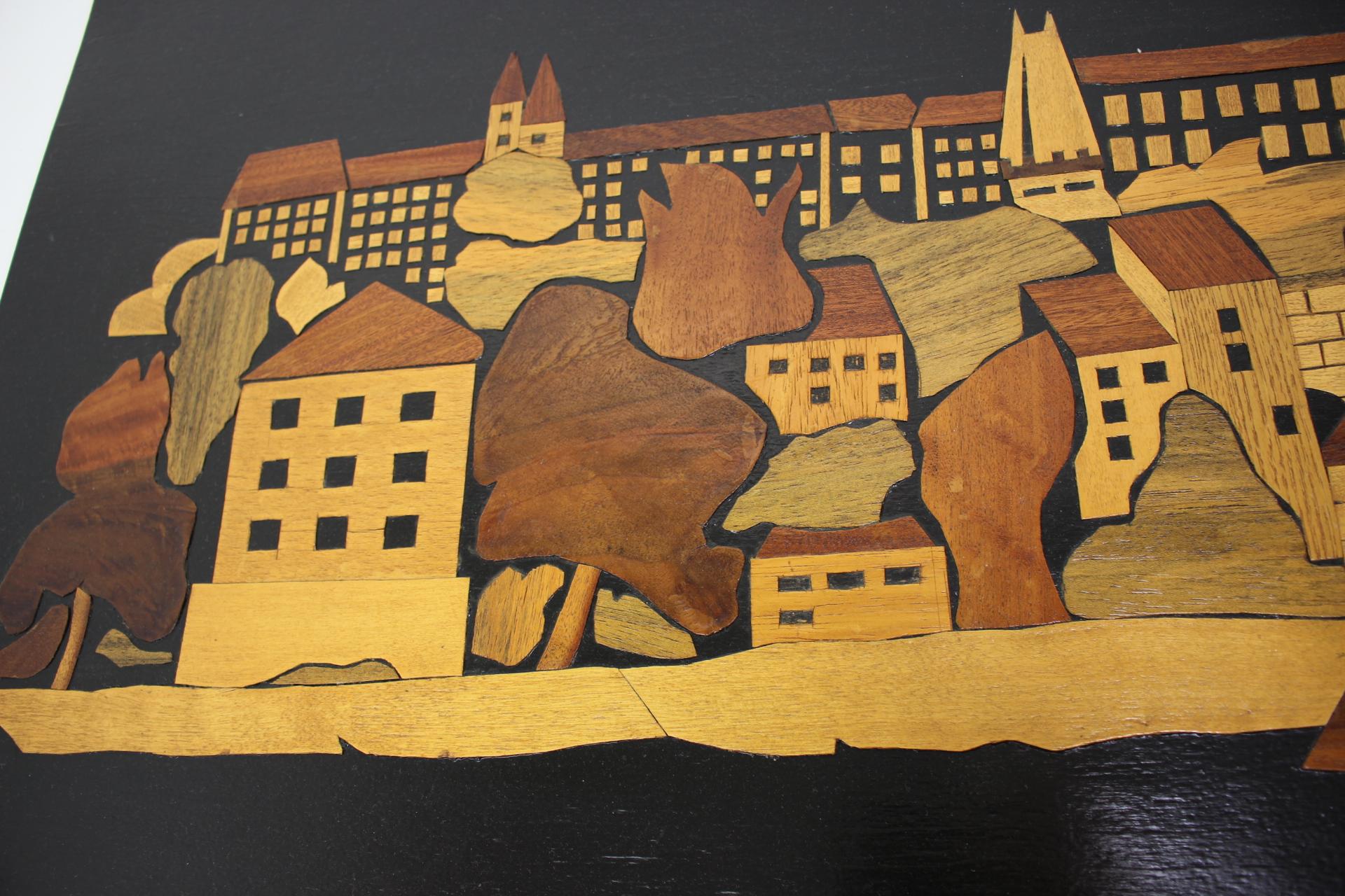 Mid-Century Modern Mid-Century Wooden Illustration of Prague, 1950's For Sale