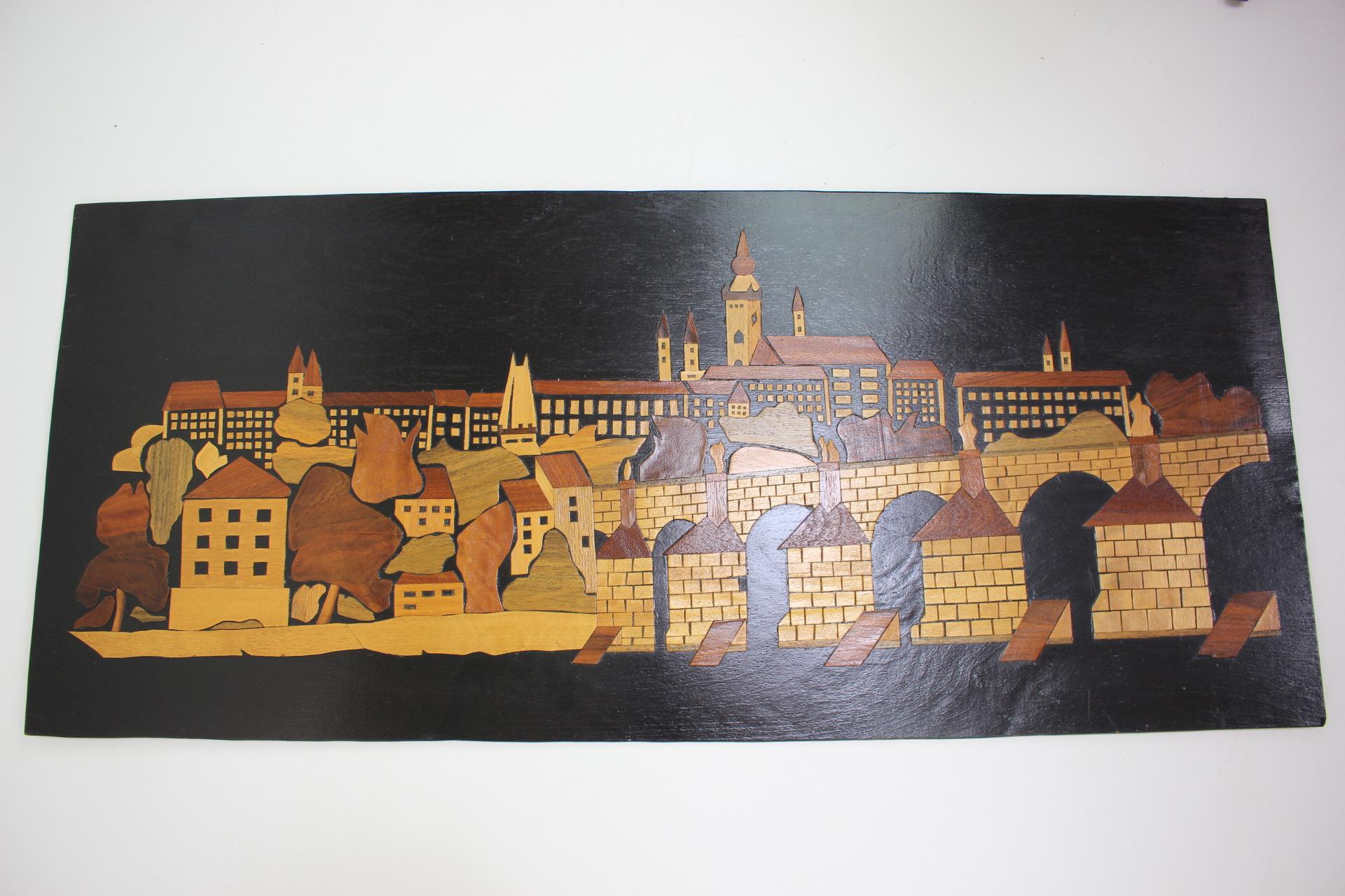 Czech Mid-Century Wooden Illustration of Prague, 1950's For Sale