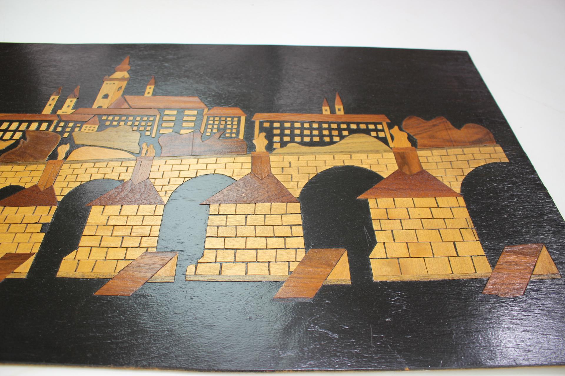 Mid-Century Wooden Illustration of Prague, 1950's In Good Condition For Sale In Praha, CZ