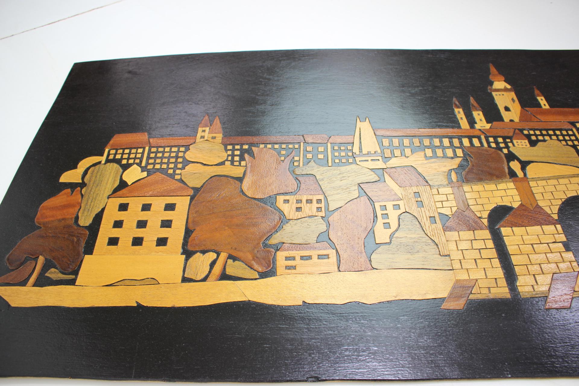 Mid-20th Century Mid-Century Wooden Illustration of Prague, 1950's For Sale