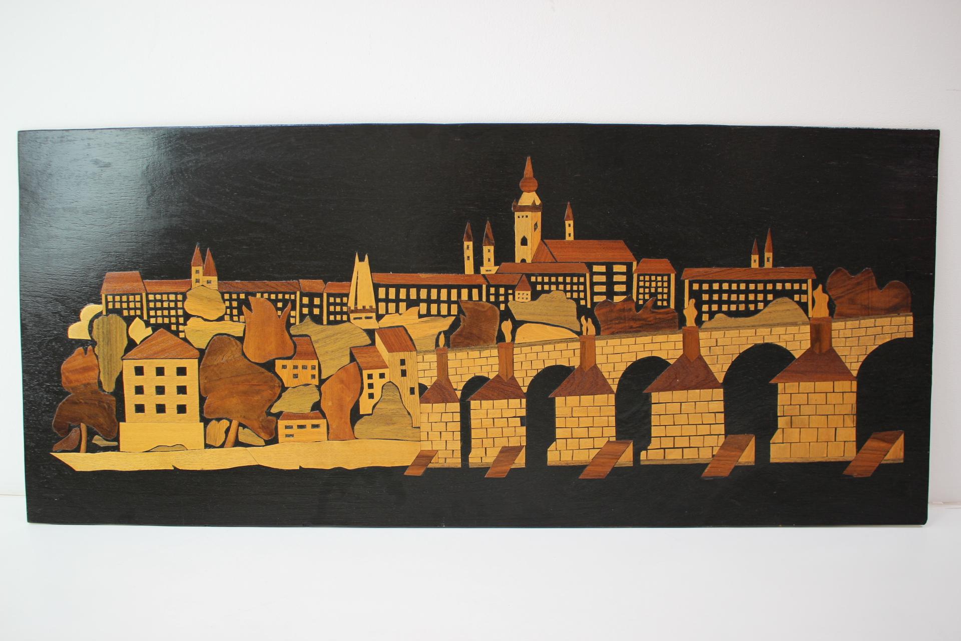 Mid-Century Wooden Illustration of Prague, 1950's For Sale 3