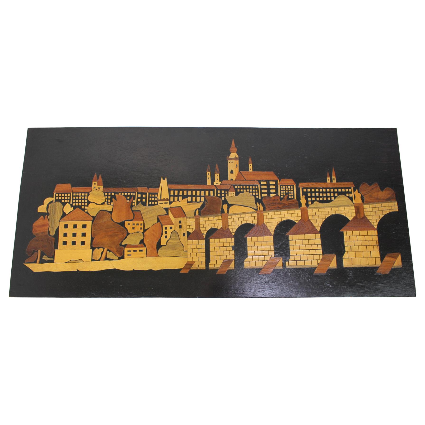 Mid-Century Wooden Illustration of Prague, 1950's For Sale