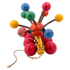 Vintage Mid Century Wooden Lacquer Pull Toy Caterpillar Banana Slug and Colorful Balls