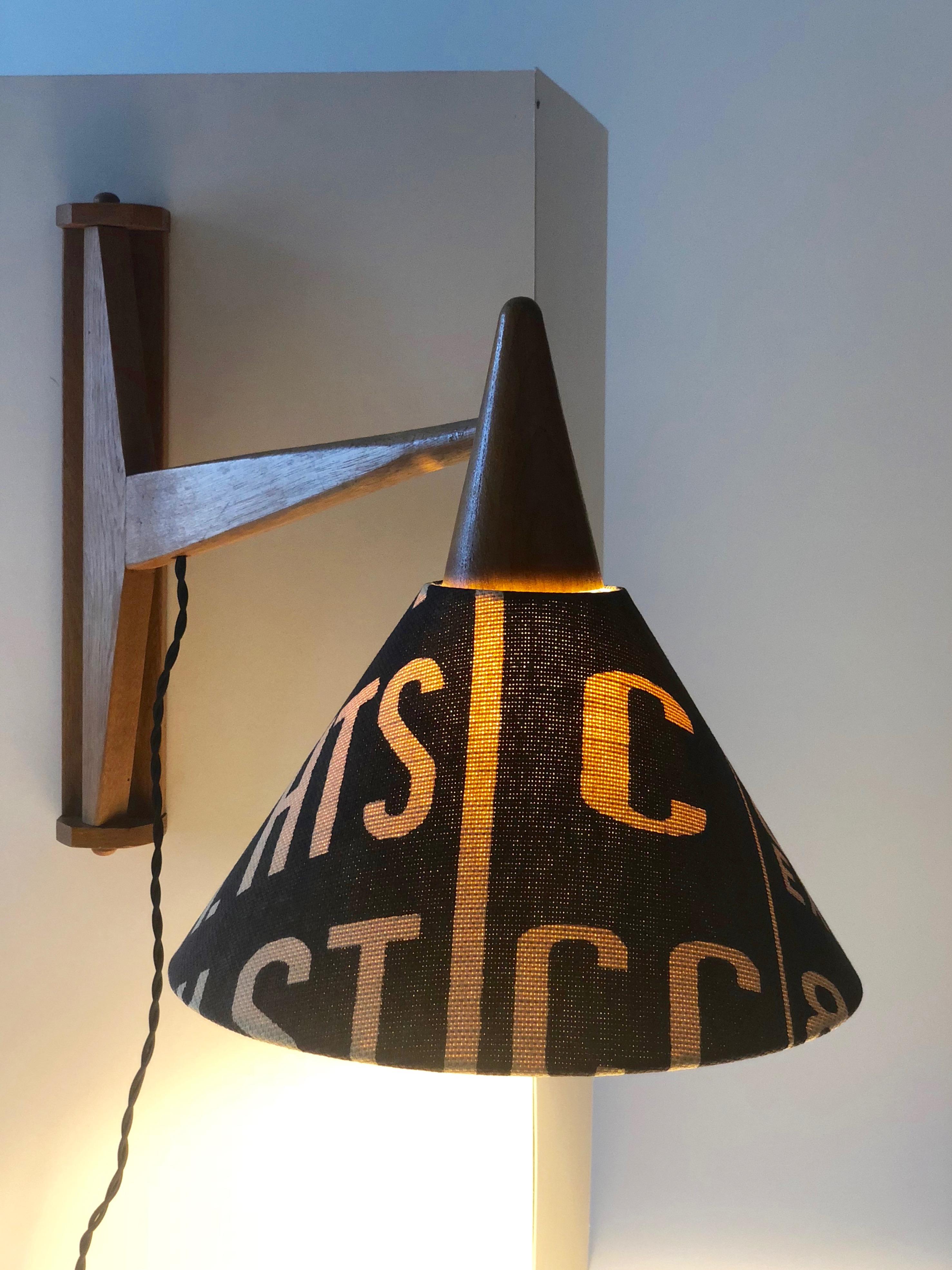 Oak Midcentury Wooden Lamp Wall-Mounted and Rotatable, Shade in Andrew Martin Linen For Sale