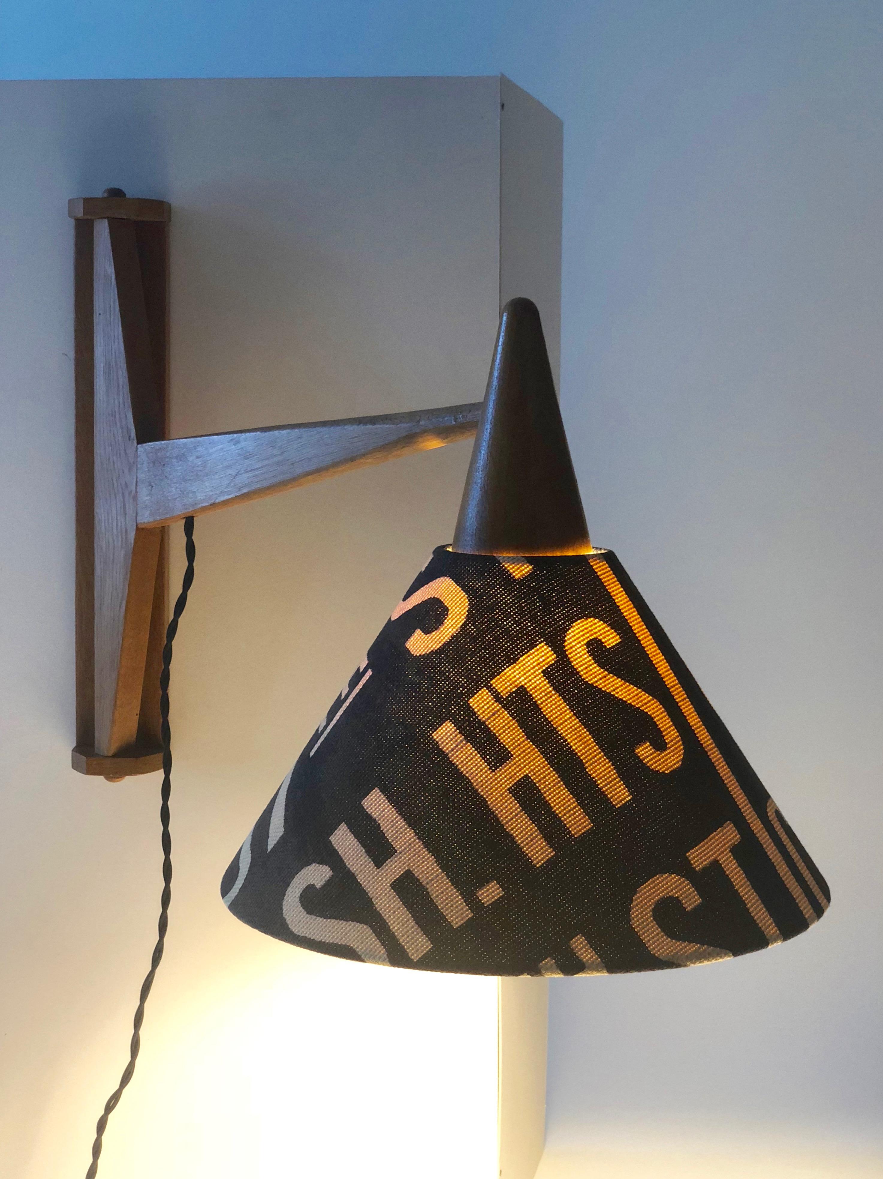 Mid-20th Century Midcentury Wooden Lamp Wall-Mounted and Rotatable, Shade in Andrew Martin Linen For Sale