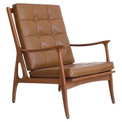 Mid-Century Wooden Lounge Chair with Brown Leatherette Cushions